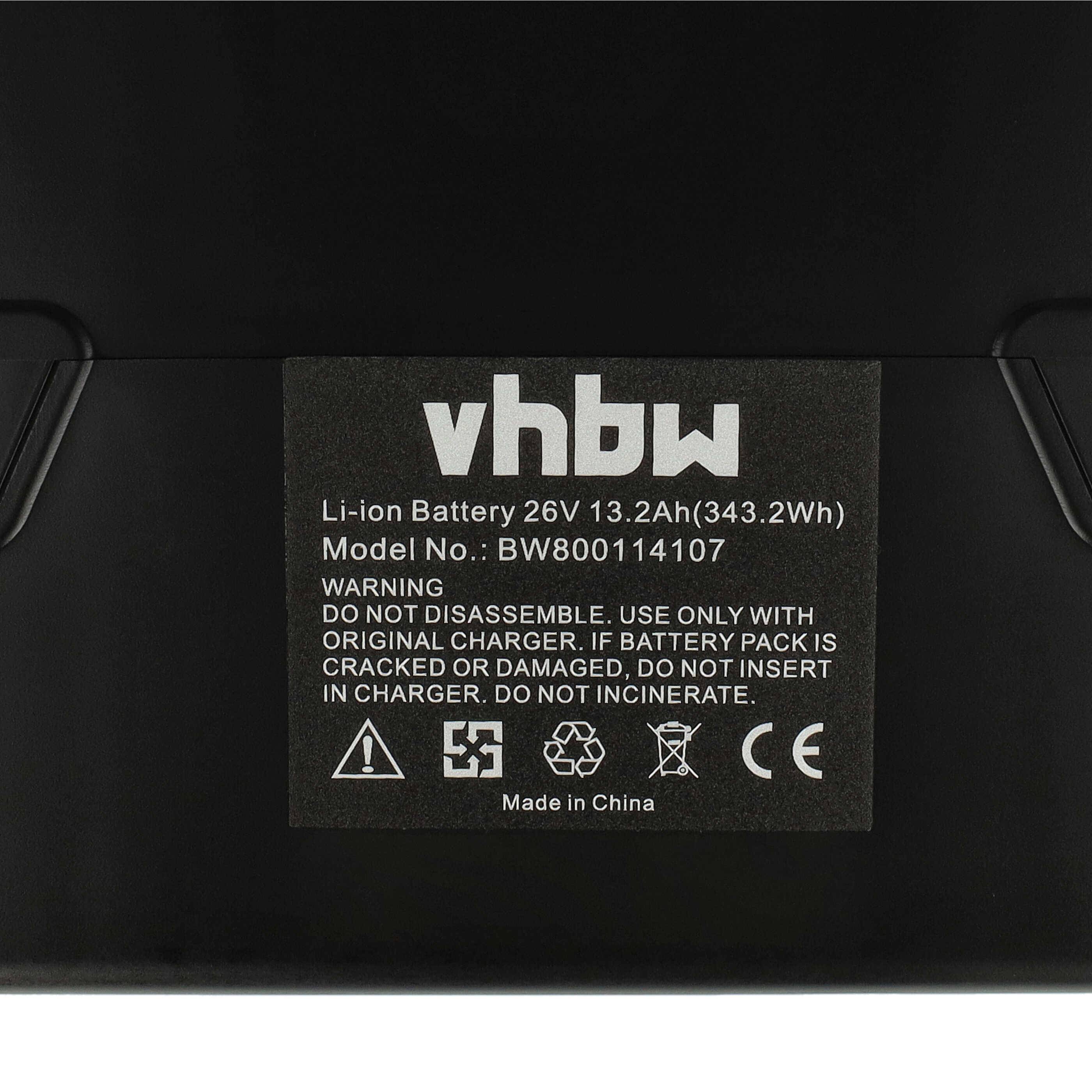 Etikett auf einem vhbw Lithium-Ionen-Akku: 26V 13.2Ah (343.2Wh), Modell BW800114107, mit Sicherheitswarnungen und „Made in China