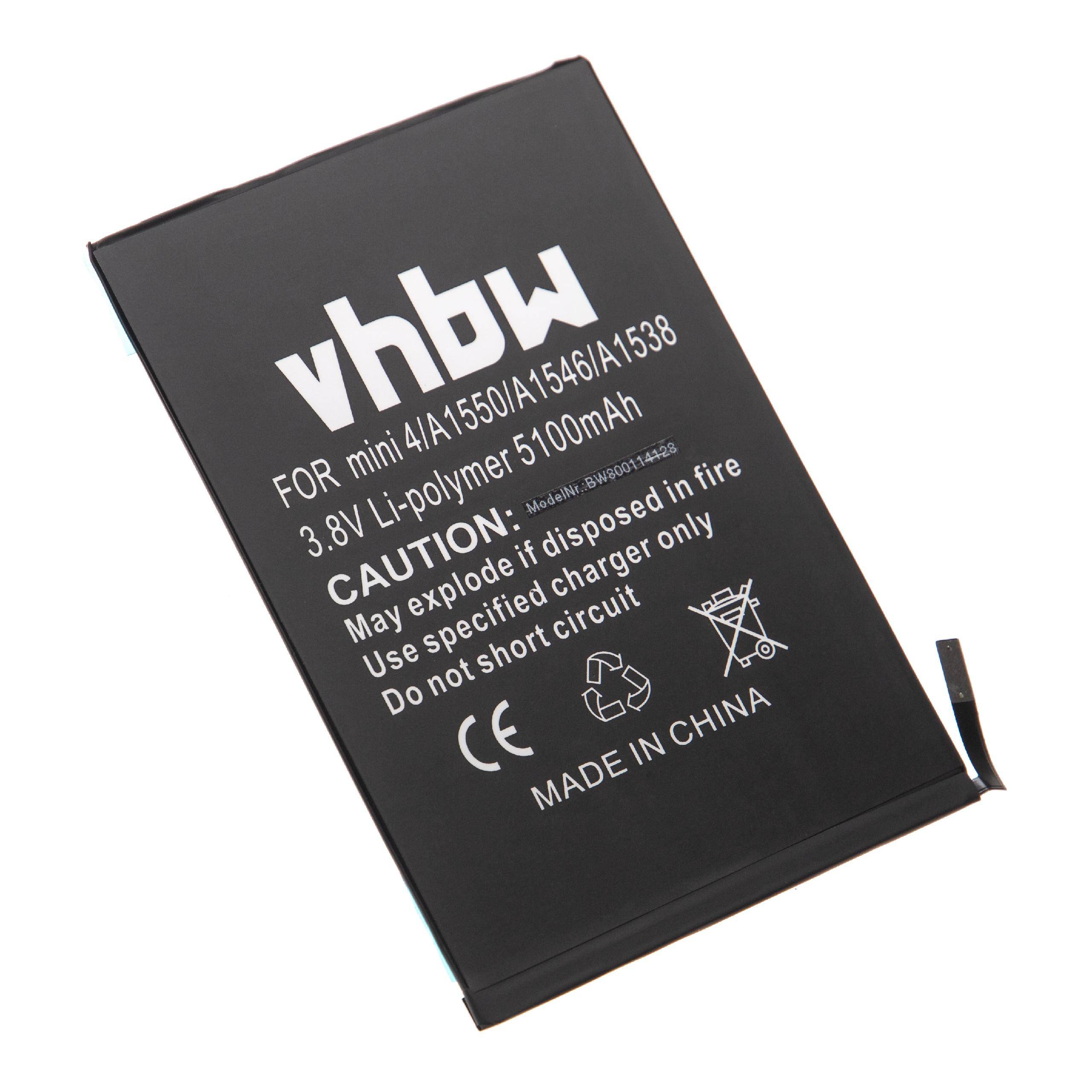 Ein schwarzer wiederaufladbarer Akku für Apple-Geräte mit der Bezeichnung 'vhbw', 3,8V Li-Polymer, 5100mAh. Vorsichtshinweis auf Explosionsgefahr bei Missbrauch. Hergestellt in China.