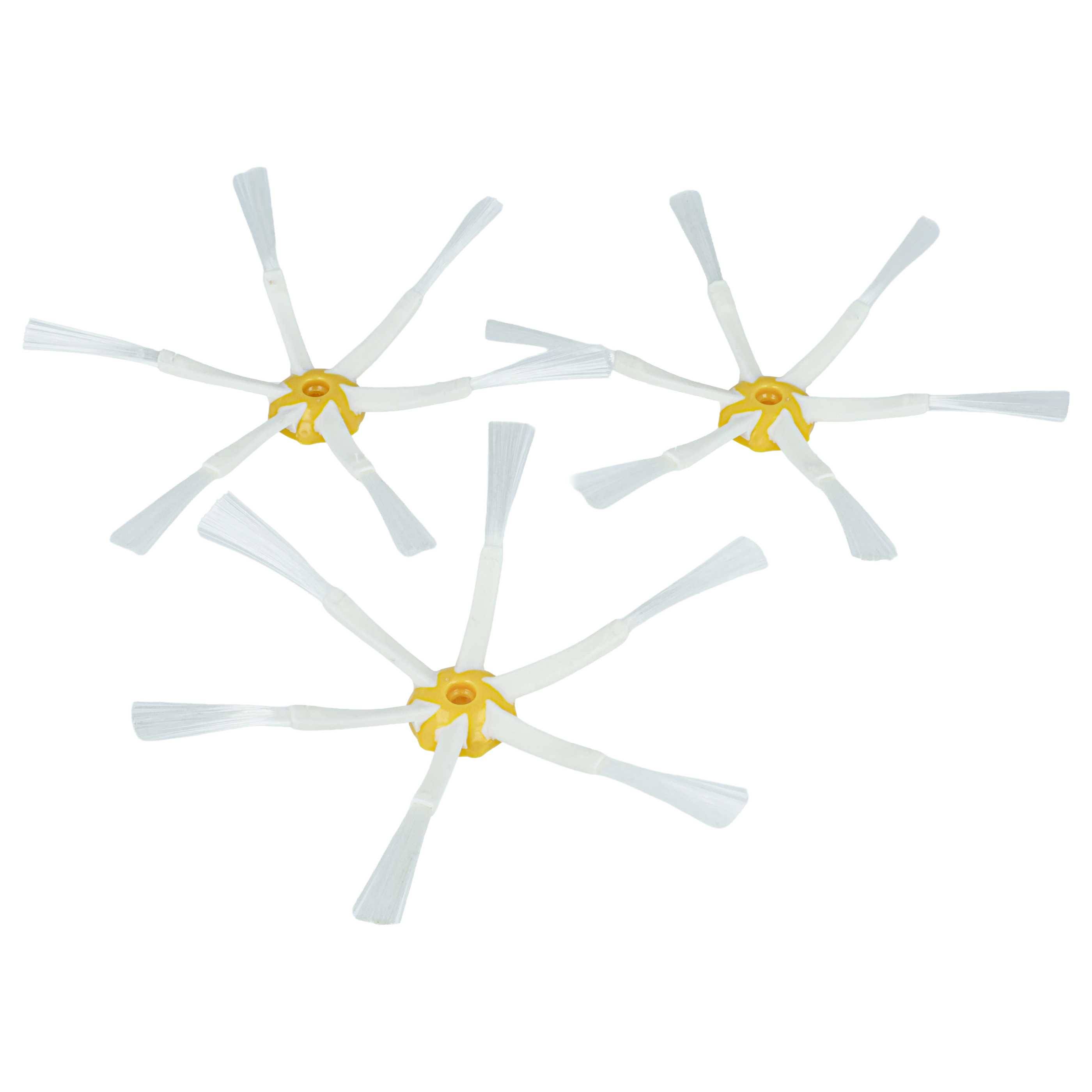 Drei weiß-gelbe Roboterstaubsauger-Bürsten auf weißem Hintergrund angeordnet, jede mit fünf schrägen Borsten.