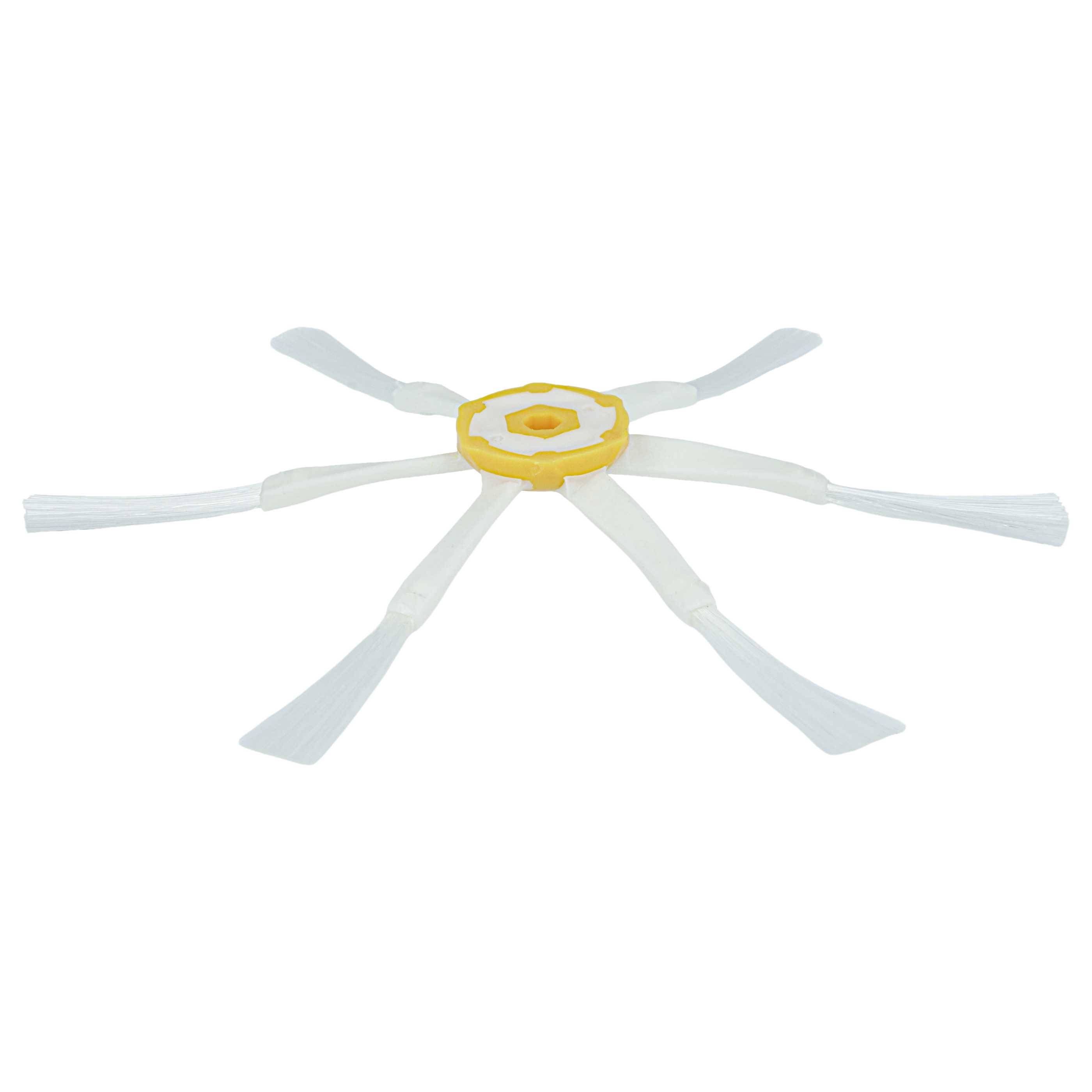 Eine sechsarmige weiße Kunststoffreinigungsbürste mit gelbem Mittelteil, entwickelt für die Wartung von Staubsaugerrobotern.