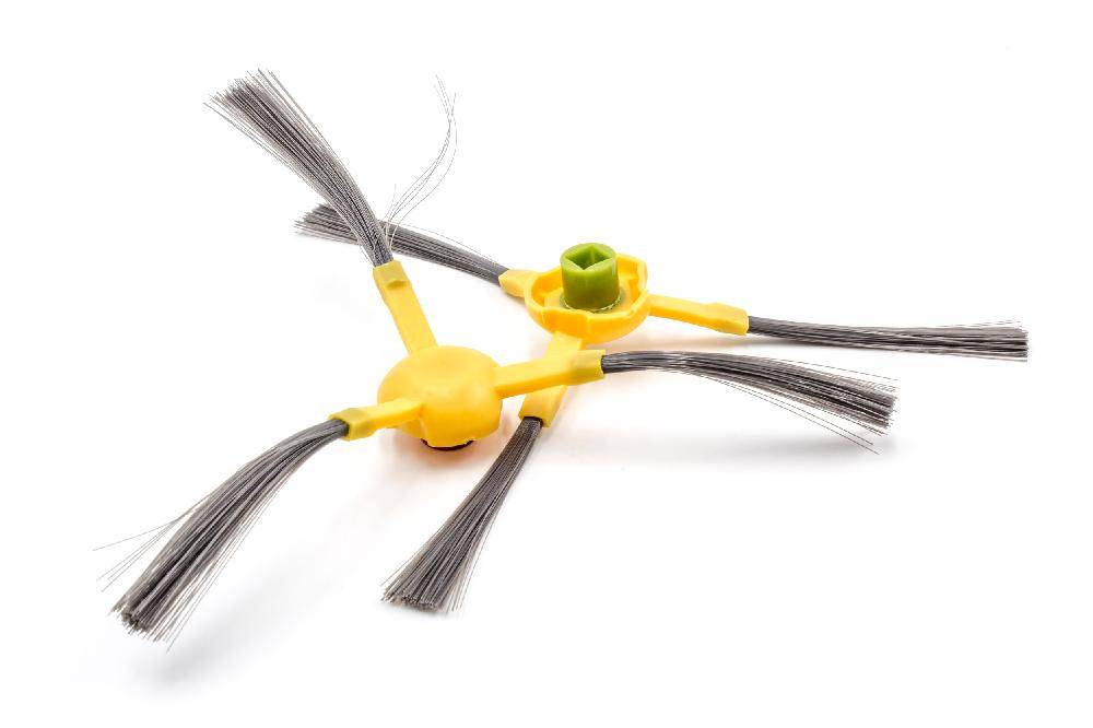 Eine gelbe Roboterstaubsauger-Seitenbürste mit drei grauen Borsten, die in einem dreieckigen Muster angeordnet sind, entwickelt für die Kantenreinigung.