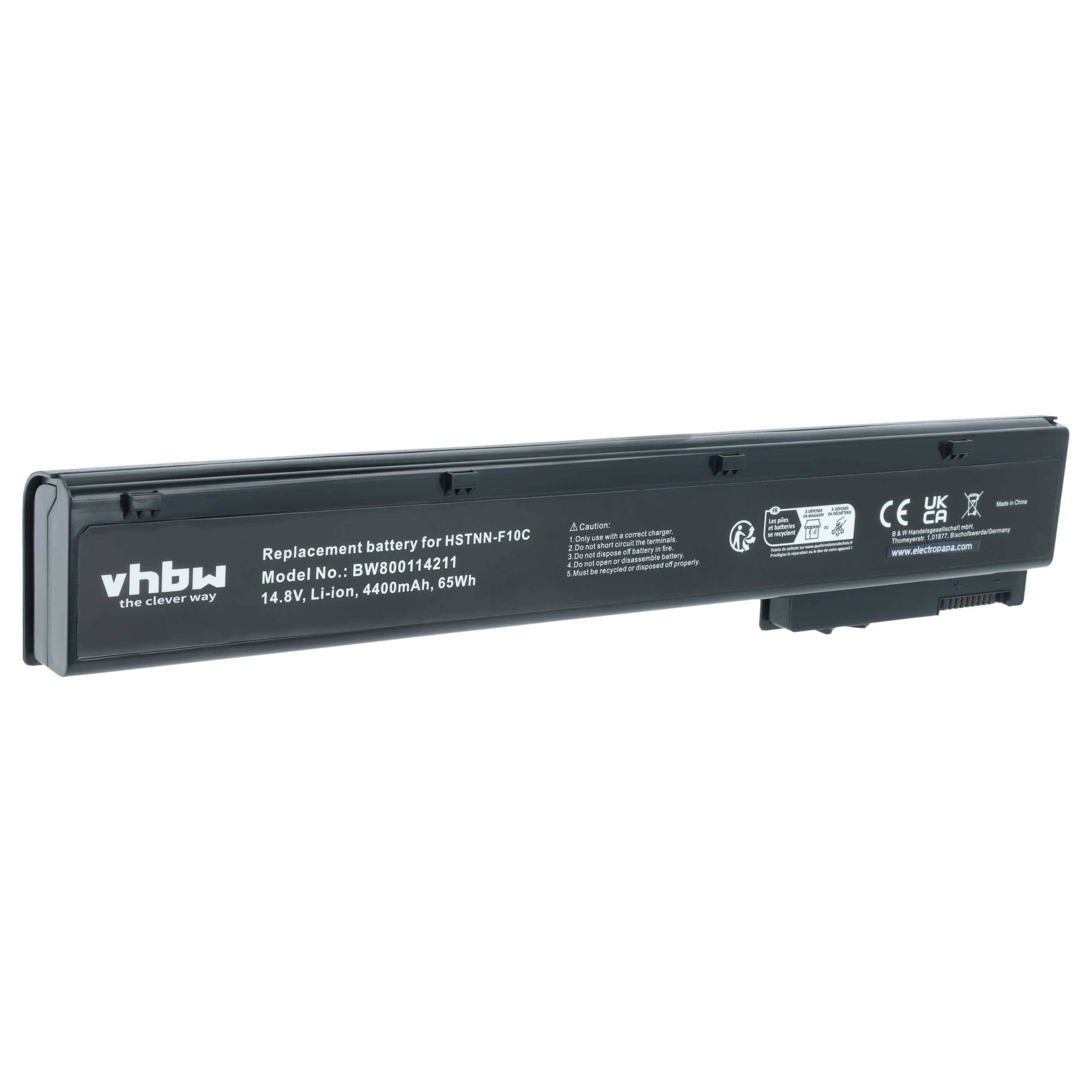 Ein schwarzer Lithium-Ionen-Ersatzakku, beschriftet für das Modell HSTNN-F8C, 14,8V, 4400mAh. Enthält Zertifizierungssymbole an der Seite.
