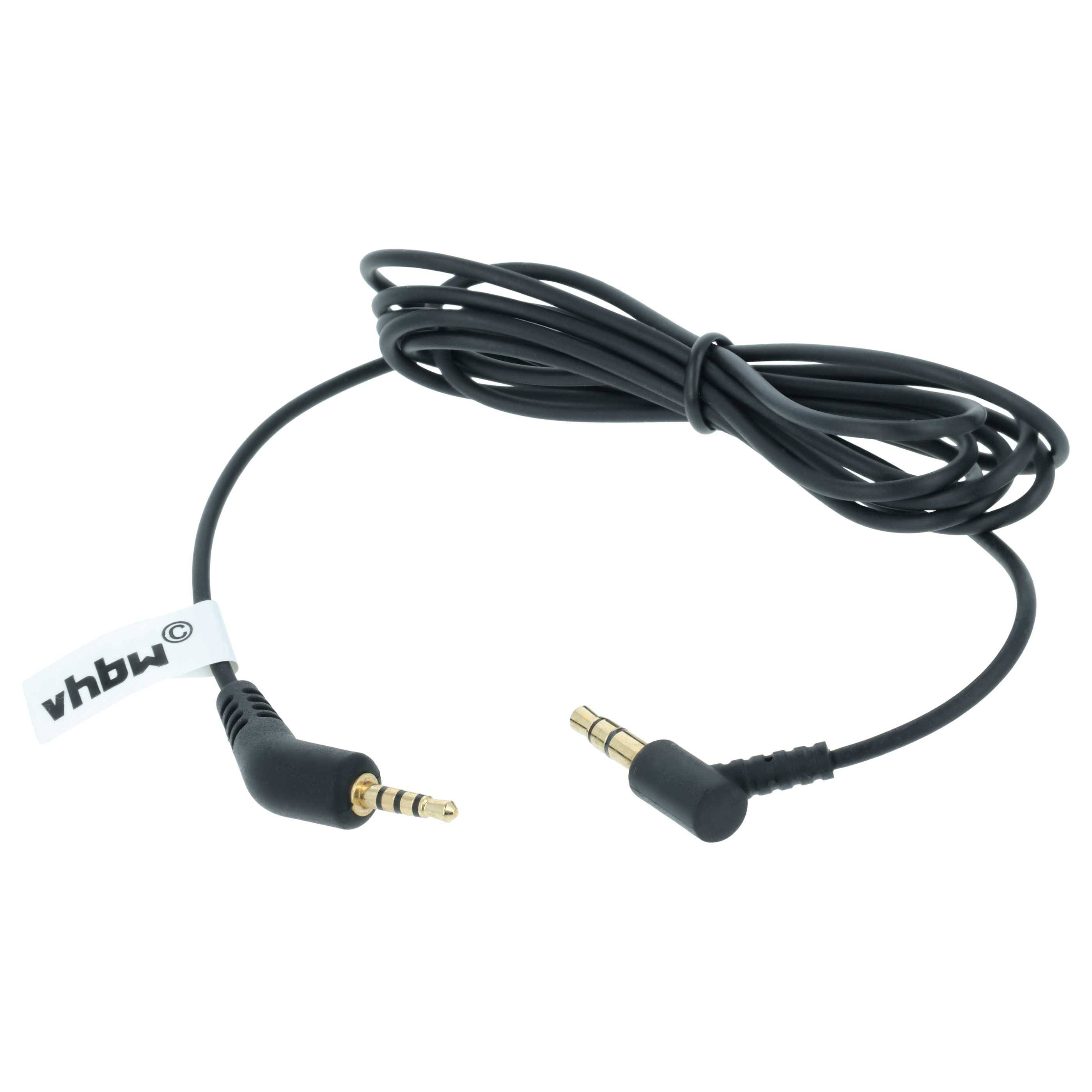 Schwarzes 3,5-mm-Audiokabel mit Winkelverstecken, aufgerollt auf weißem Hintergrund, mit der Marke „vhbw