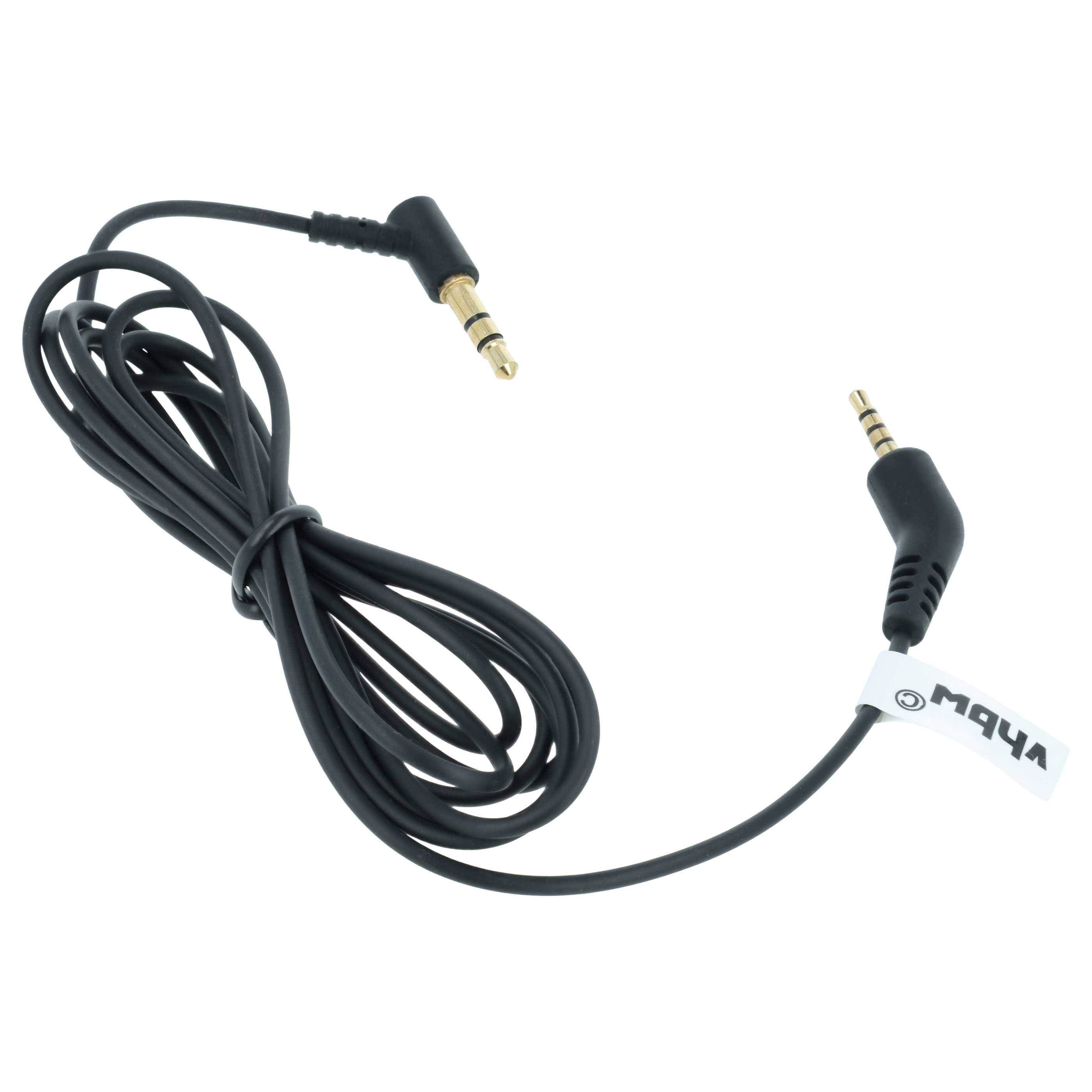 Schwarzes Audiokabel mit 3,5-mm-Steckern auf beiden Enden, ein Ende mit der Bezeichnung 