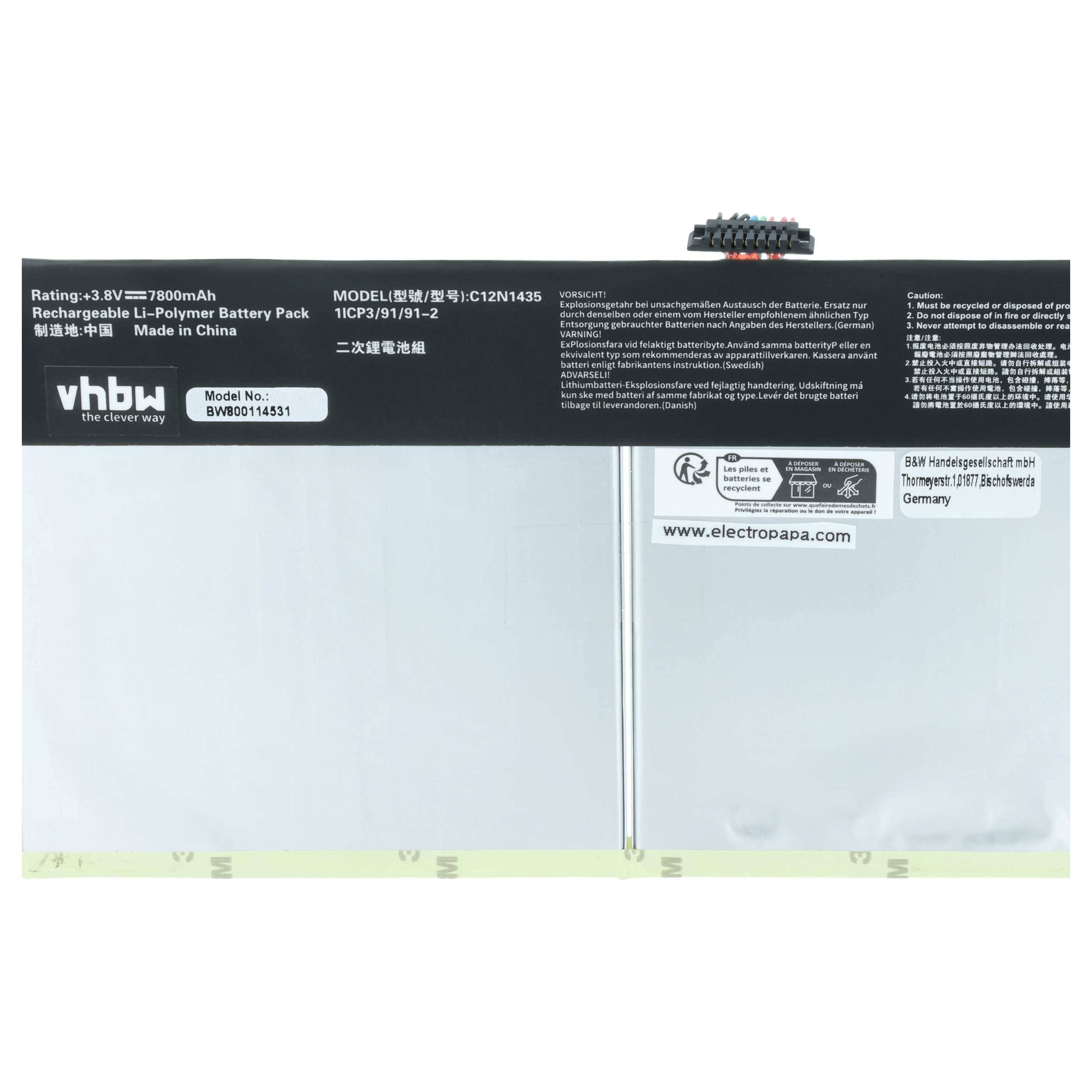 vhbw Akku Ersatz für Asus C12-N1435 | C12N1435 für Tablet Pad (7800 mAh, 3,8 V, Li-Polymer)