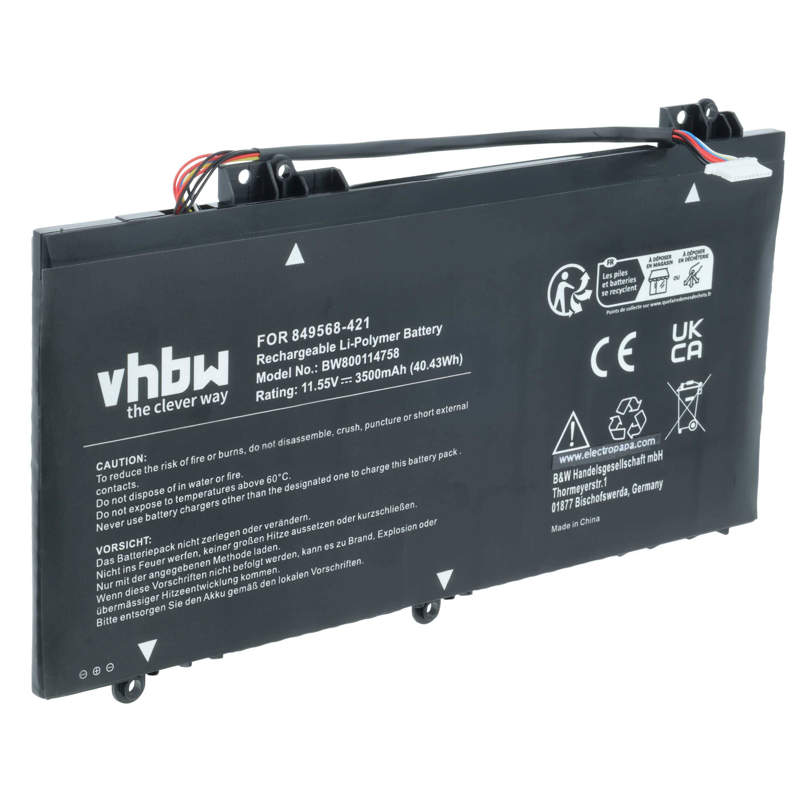 vhbw Wiederaufladbare Li-Polymer-Batterie für 849568-421, Modell-Nr.: 849568-421. Spezifikationen: 11,55V, 3500mAh (40,43Wh).