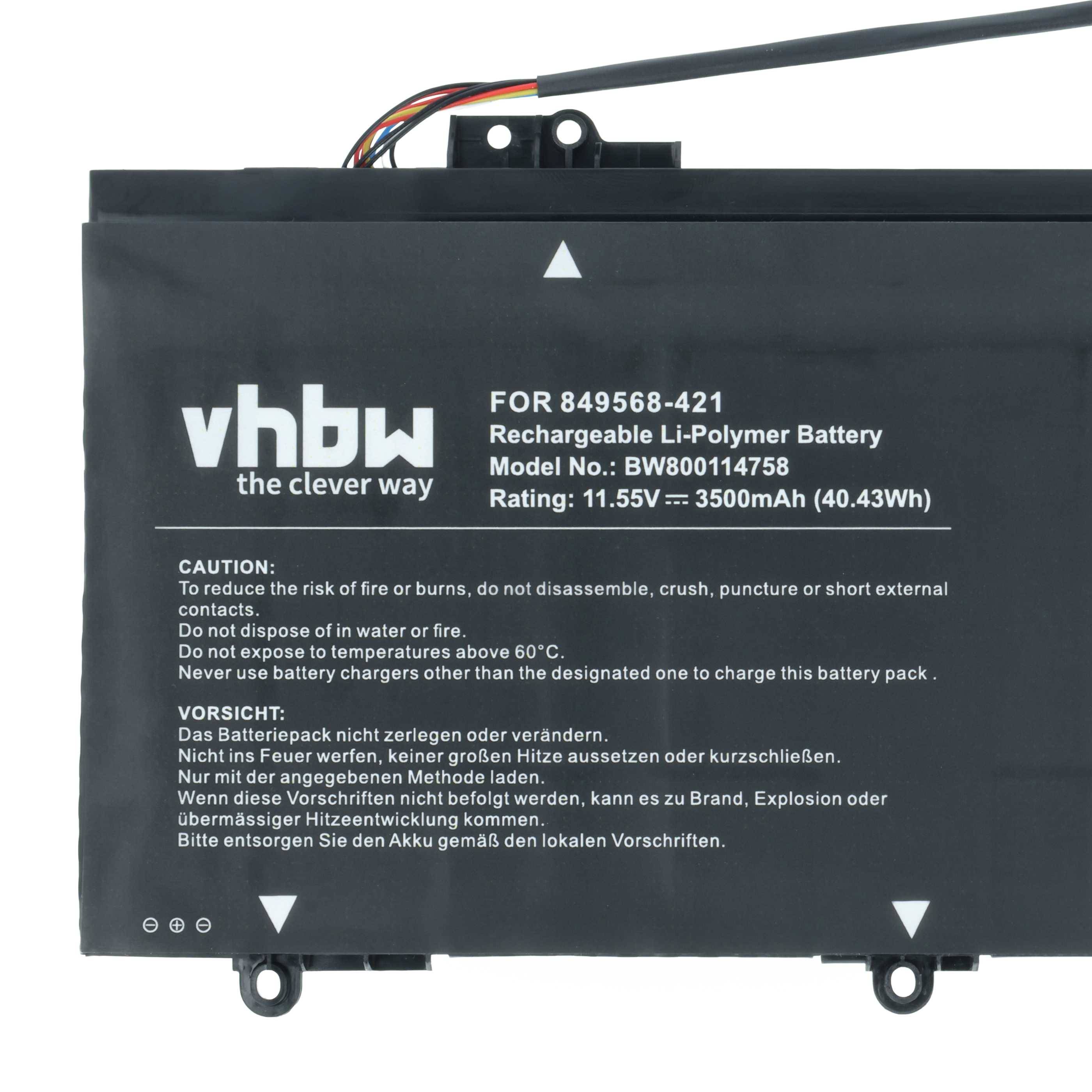 Wiederaufladbare Li-Polymer-Batterie mit der Modellnummer BWB0014T58. Warnhinweise in Englisch und Deutsch sind auf dem Etikett aufgedruckt.