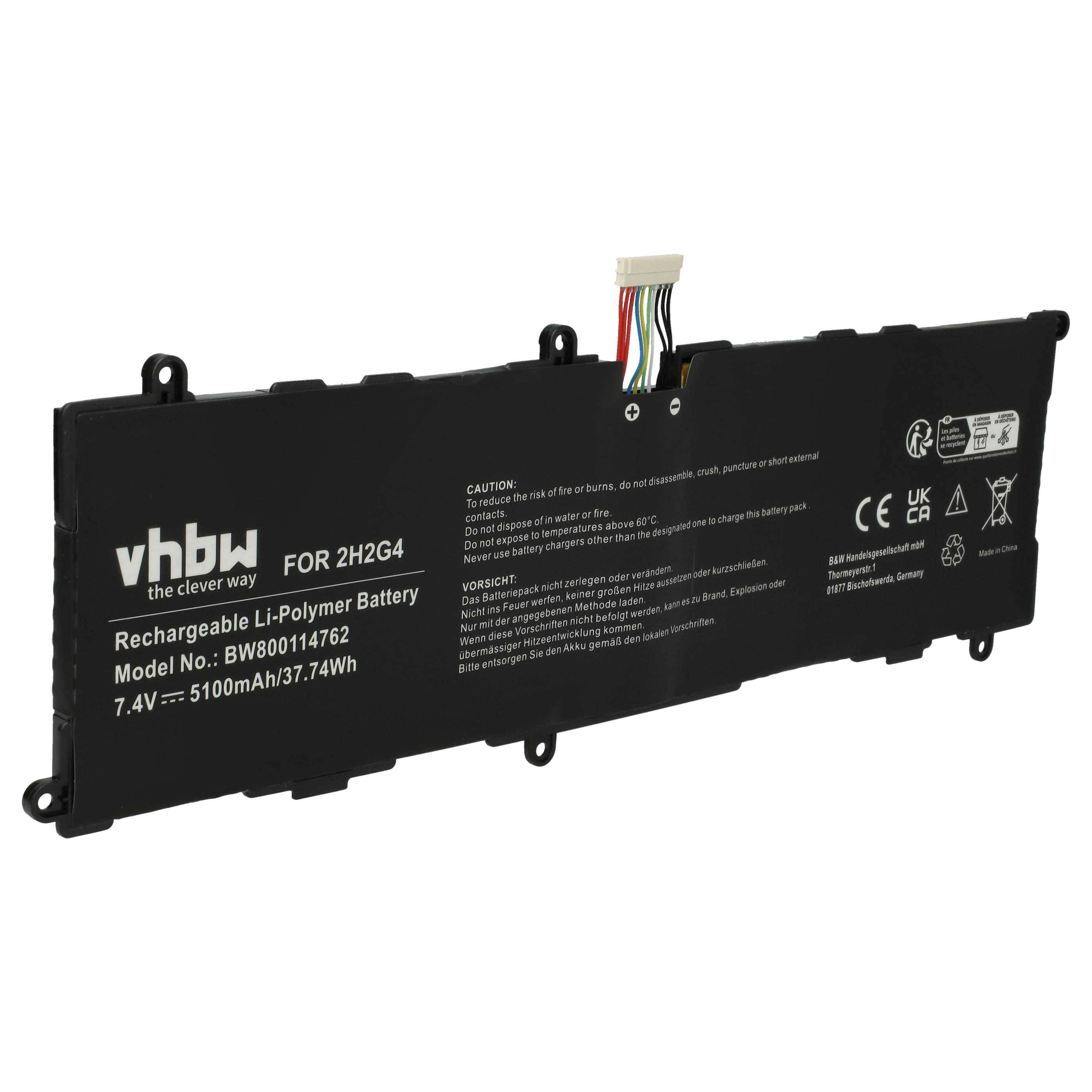 vhbw Wiederaufladbare Li-Polymer Batterie, Modellnummer: BBW80117462, 7,4V, 5100mAh/37,74Wh. Schwarz mit weißem Text und Verbindungskabel.