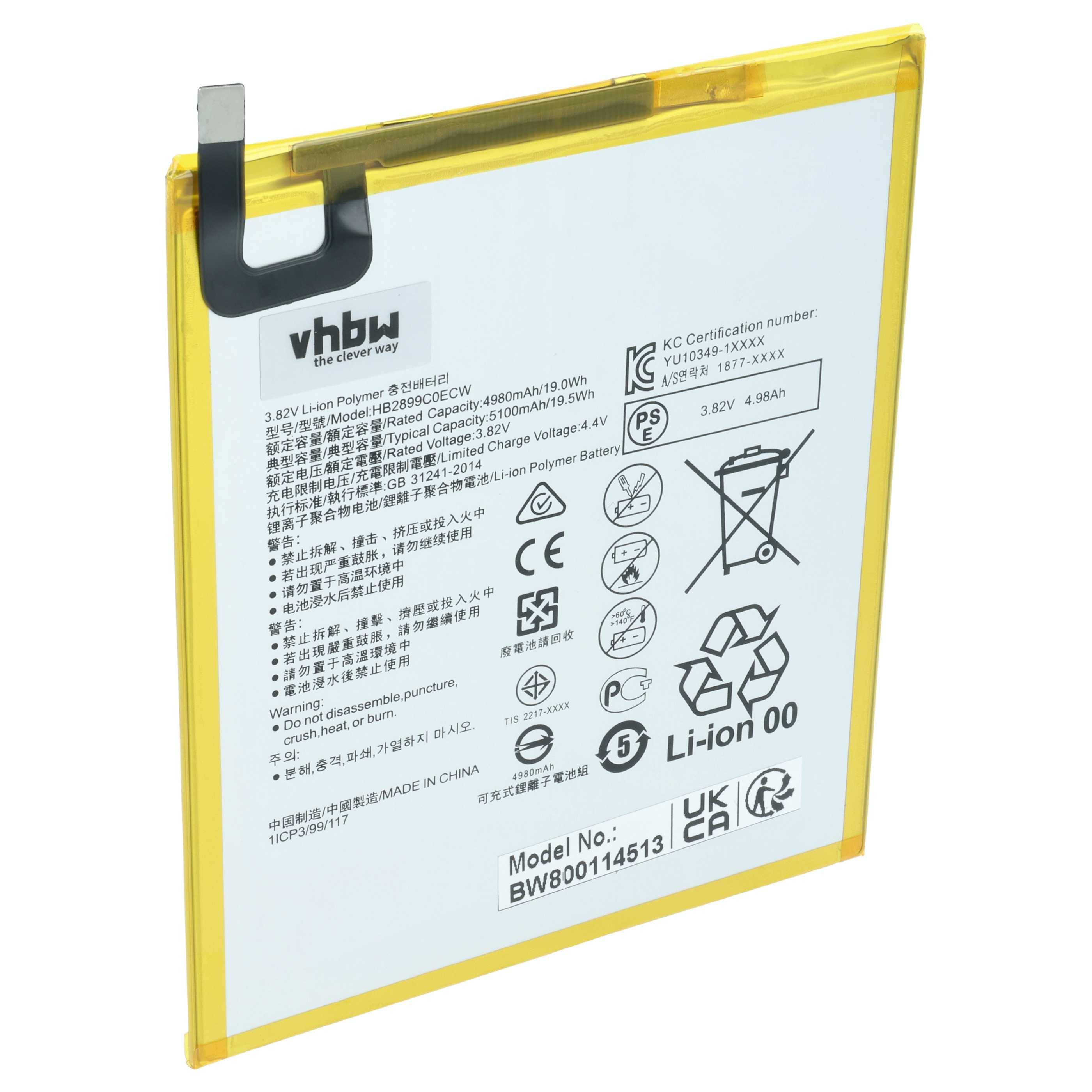 vhbw Akku kompatibel mit Huawei Mediapad BTV-DL09 | M3 TD-LTE Tablet Pad (5100 mAh, 3,82 V, Li-Polymer)