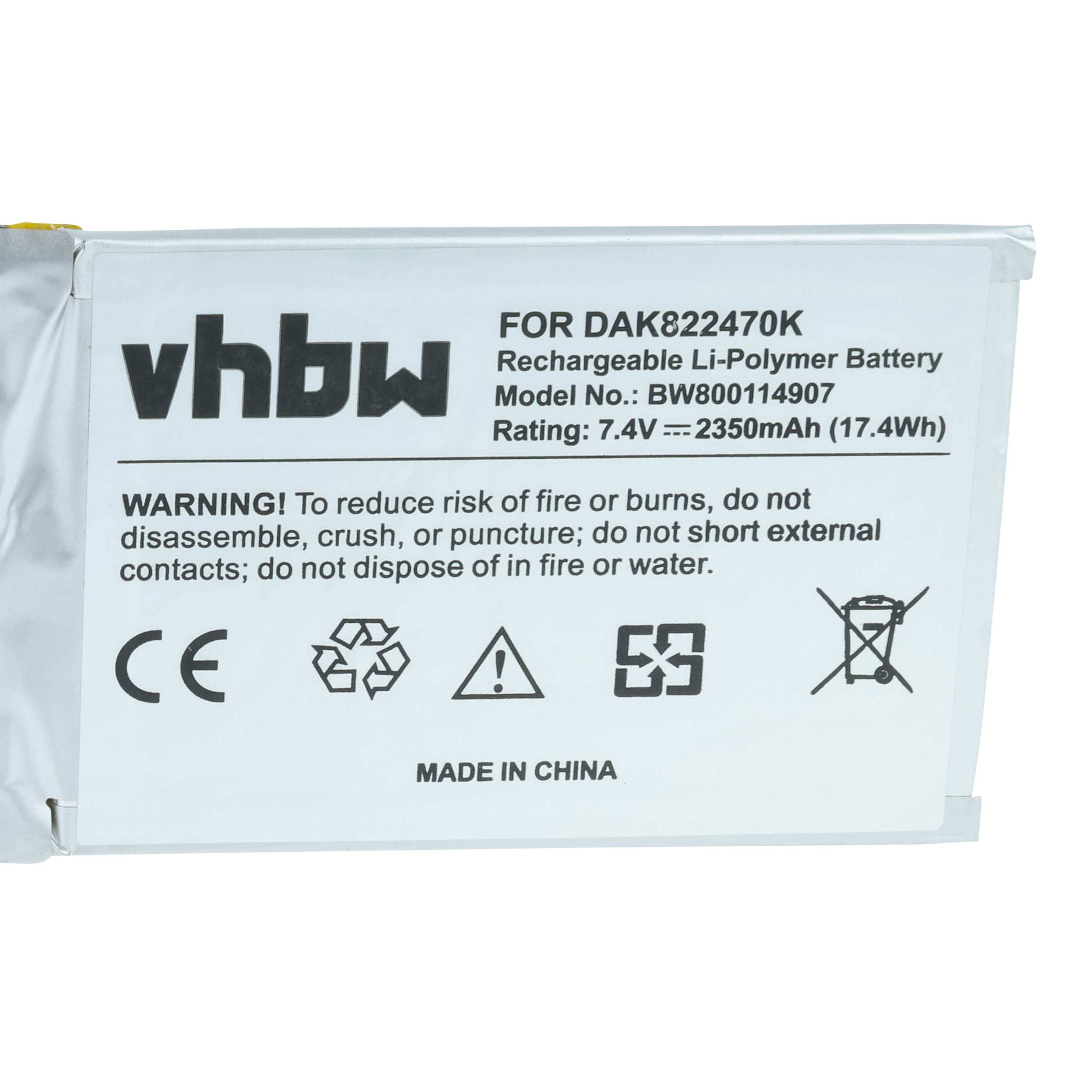 vhbw' wiederaufladbare Li-Polymer-Batterie für Modell DAK822470K, 7,4V, 2350mAh (17,4Wh), hergestellt in China, mit Sicherheits- und Recycling-Symbolen.