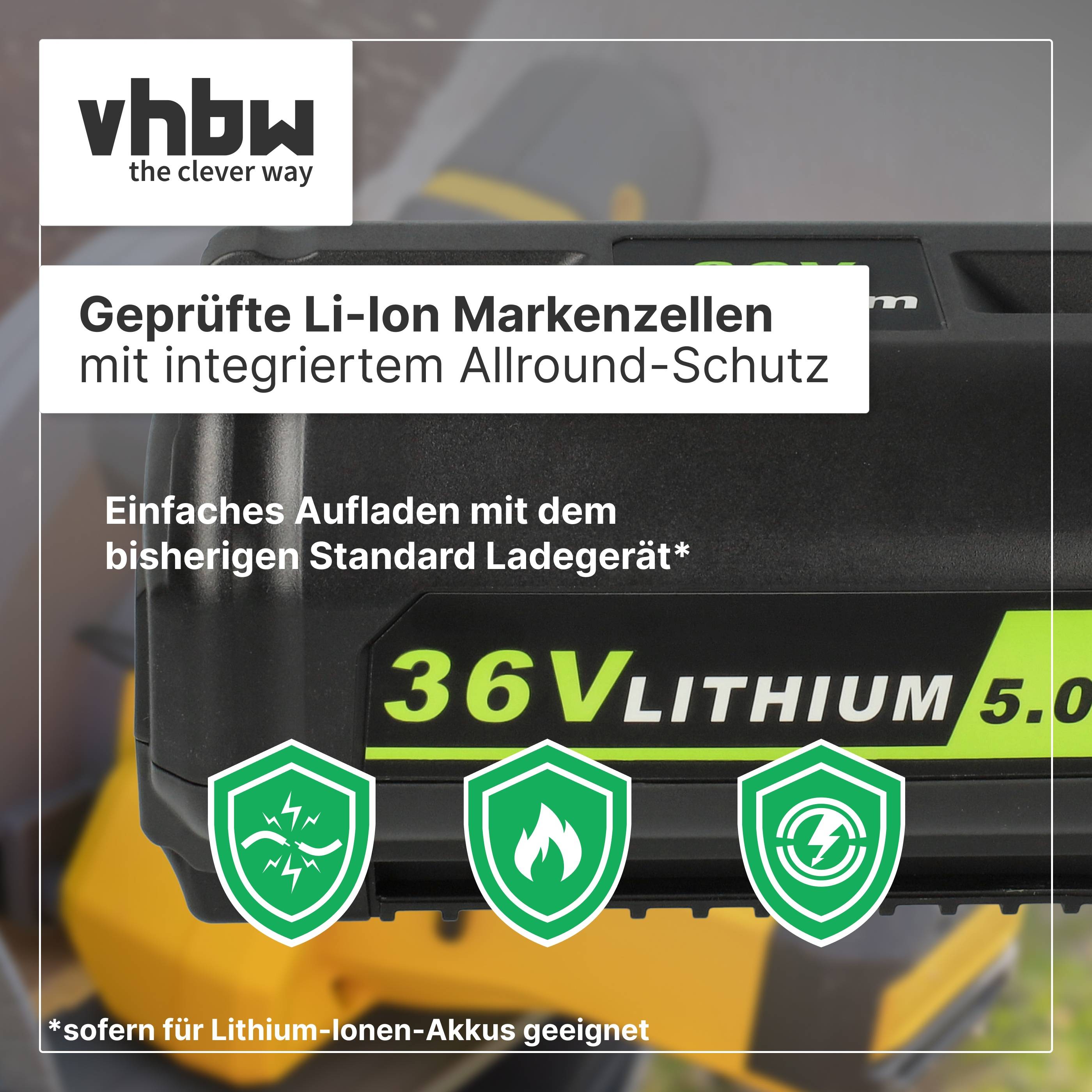 vhbw 1x Akku Ersatz für Ryobi OP4015, BPL3650D, OP40201, OP4026, OP40261, OP4030, OP4026A für Werkzeug (5000 mAh, Li-Ion, 36 V)