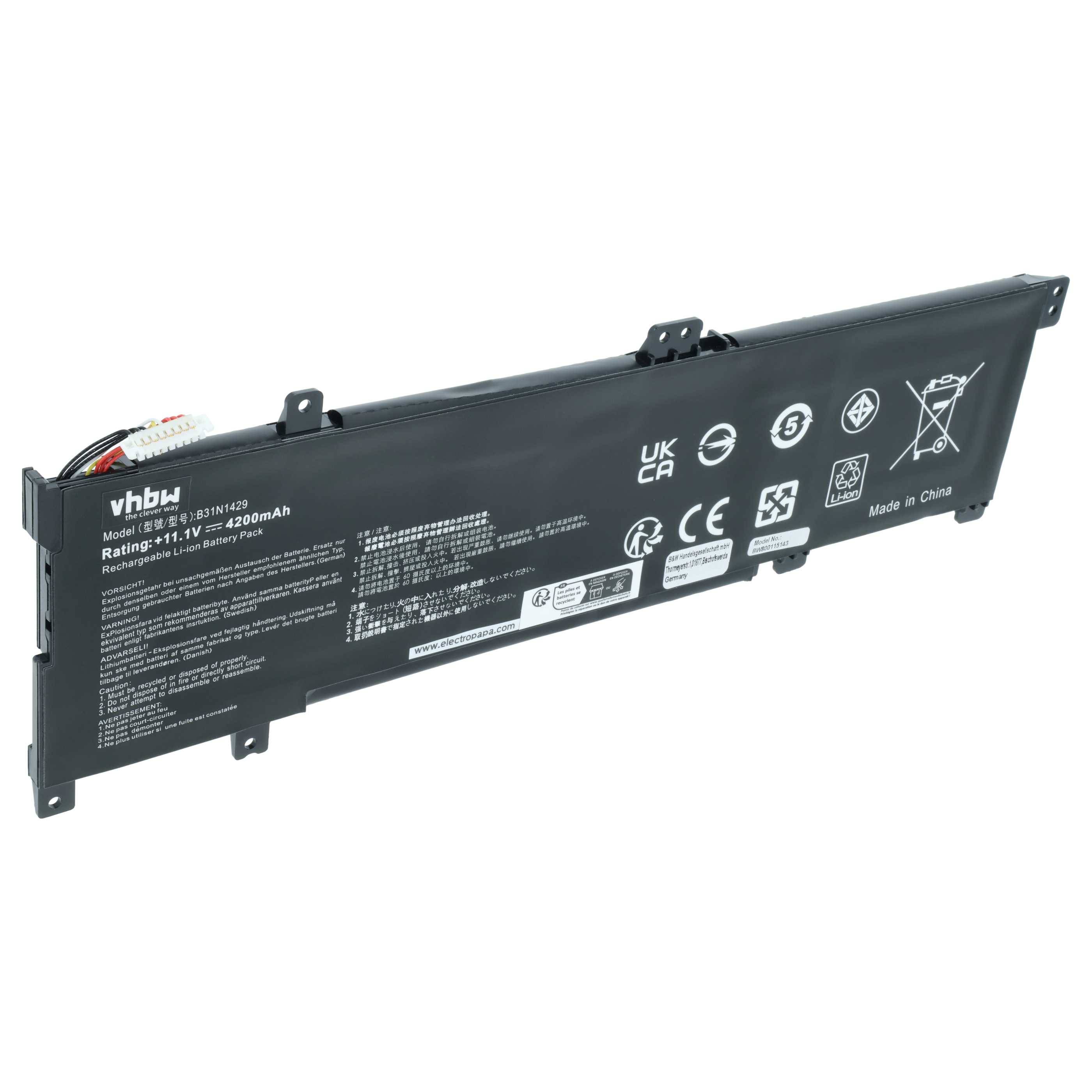 vhbw Akku kompatibel mit Asus VivoBook K501LX-DM060H, K501LX-DM073H, K501LX-DM082D Notebook (4200mAh, 11,1V, Li-Polymer)