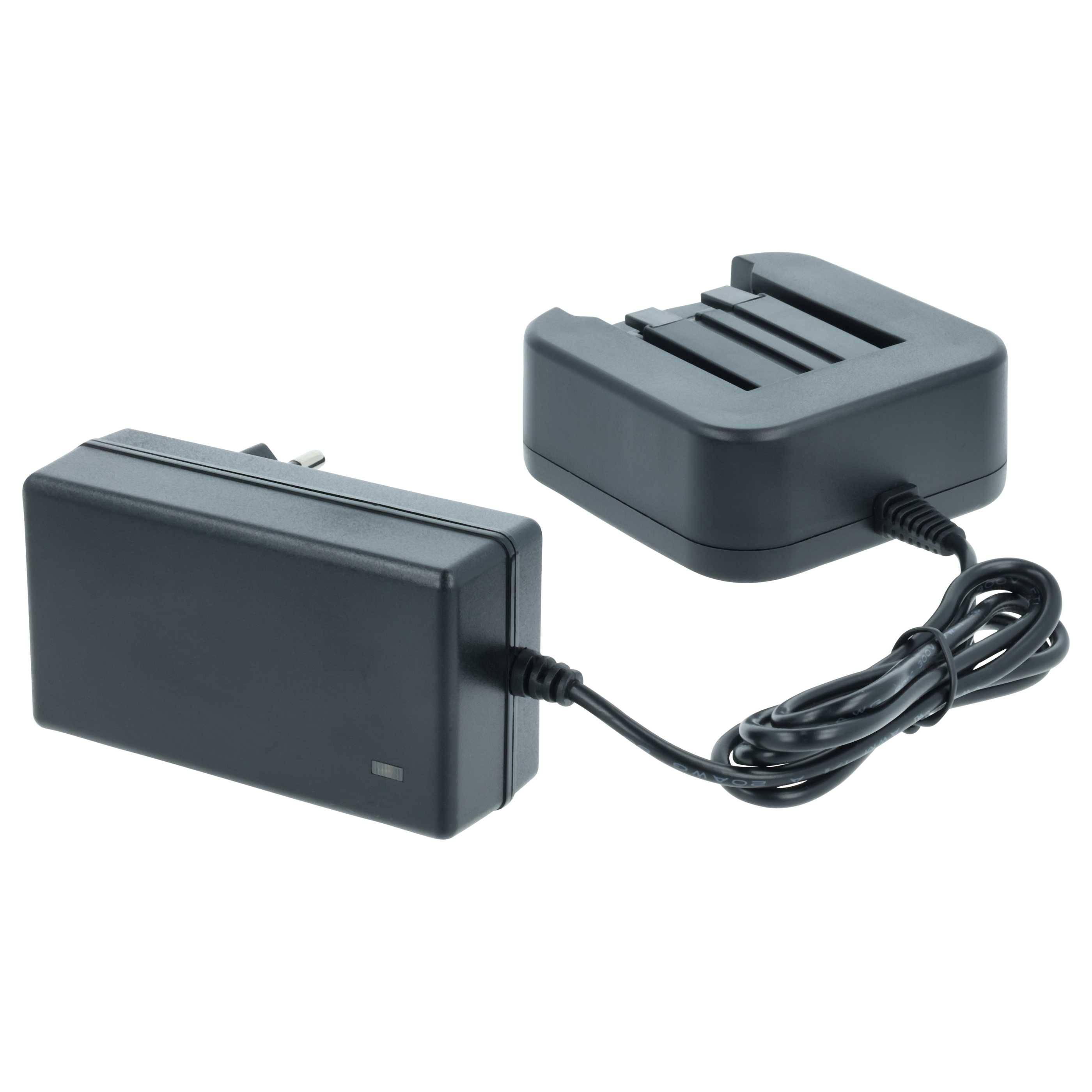 Schwarzer Stromadapter mit Kabel und Stecker, abgebildet mit einer separaten Ladewiege auf weißem Hintergrund.