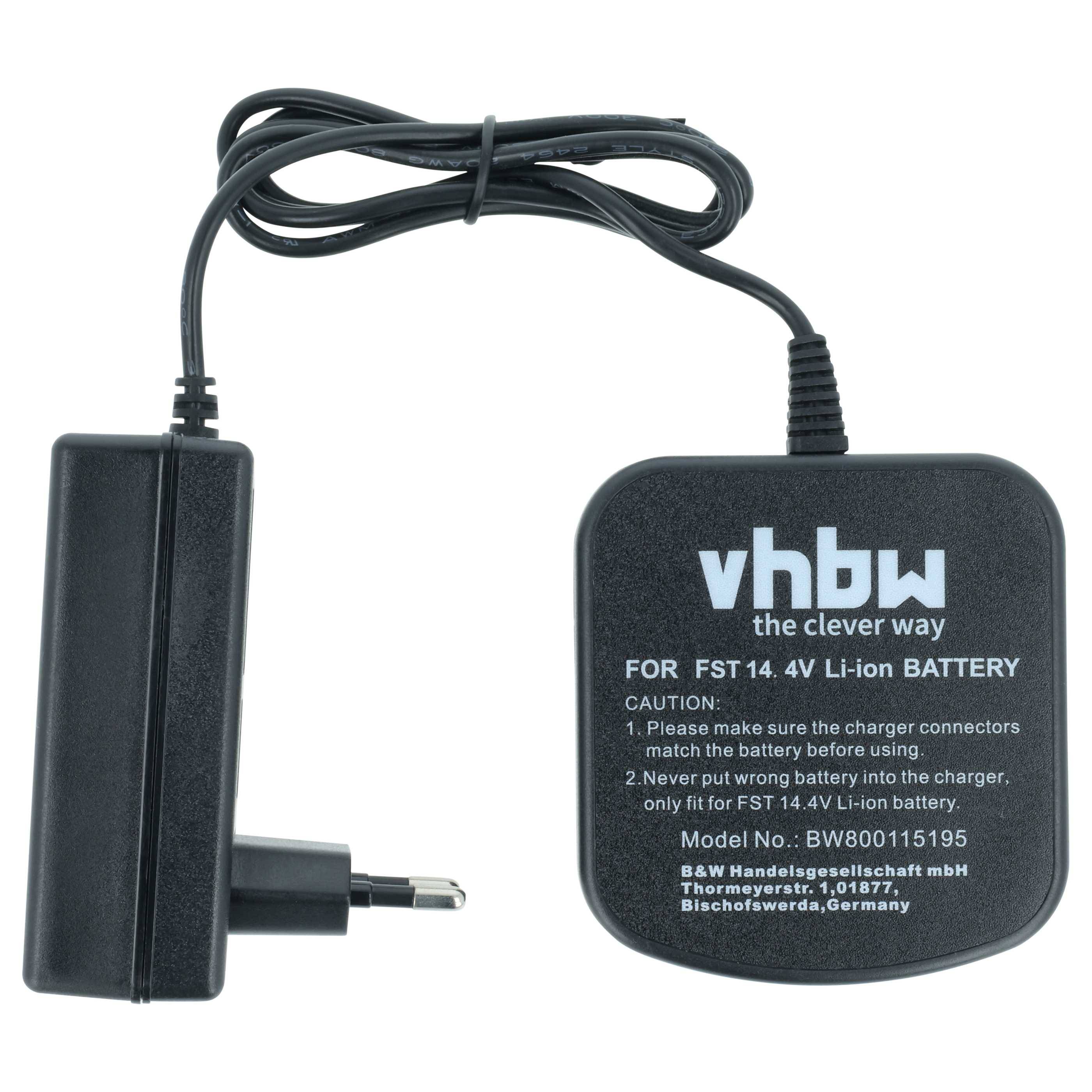 Schwarzes vhbw Ladegerät mit Stromkabel und Stecker, beschriftet für 