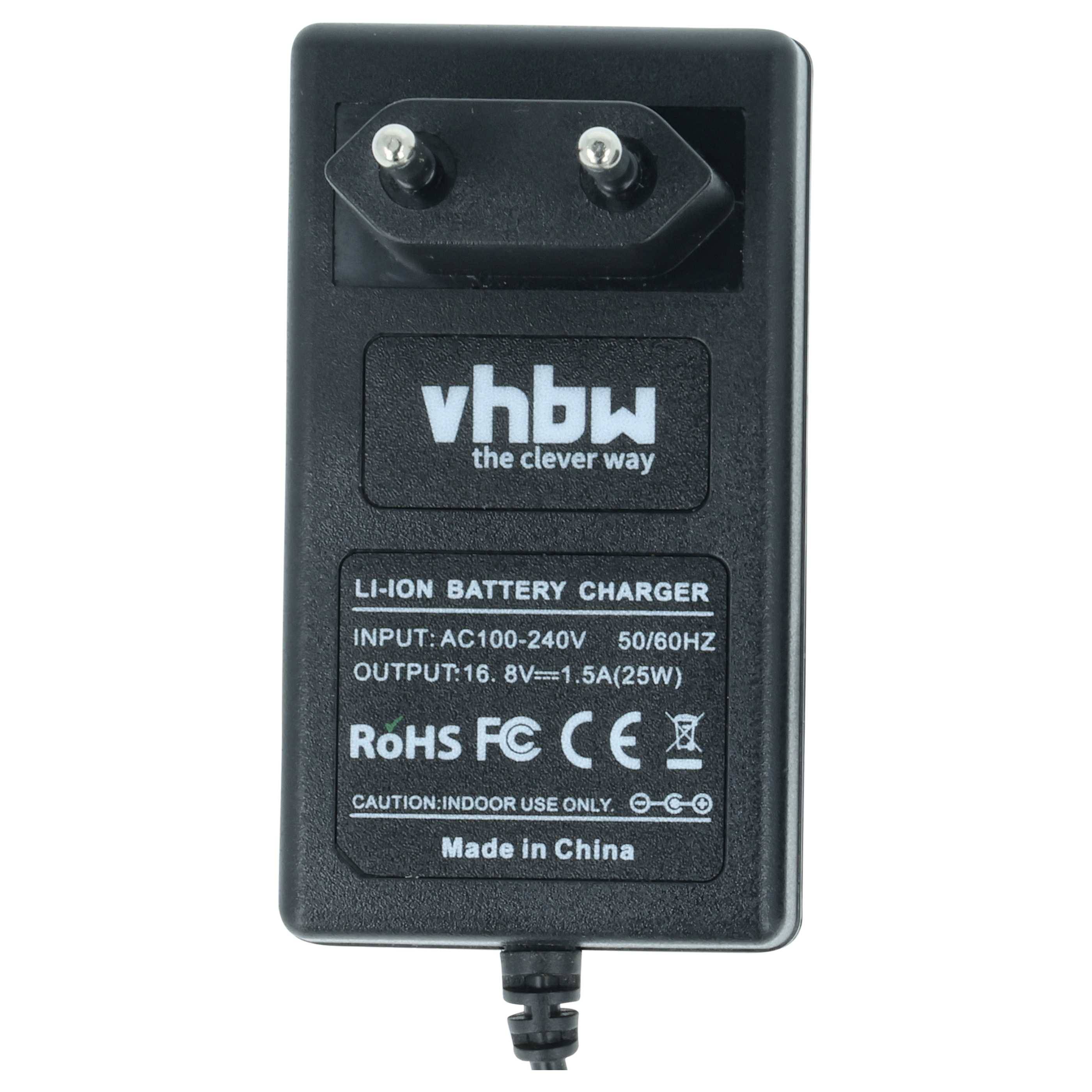Schwarzes vhbw Li-Ionen-Batterieladegerät mit zweipoliger Steckdose und Kabel, gekennzeichnet mit Eingabe AC100-240V und Ausgabe 16,8V 1,5A.