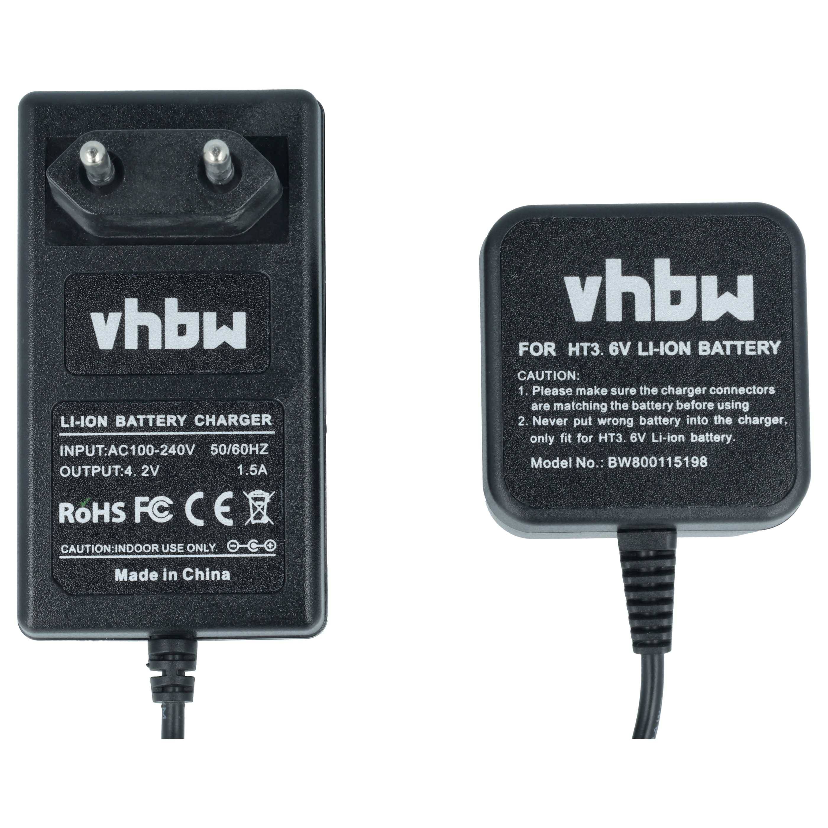 Vhbw Li-Ionen-Akkuladegerät von vorne und hinten abgebildet, mit EU-Stecker, Modell BW800115198, für HT3.6V Akku, 4,2V Ausgang.