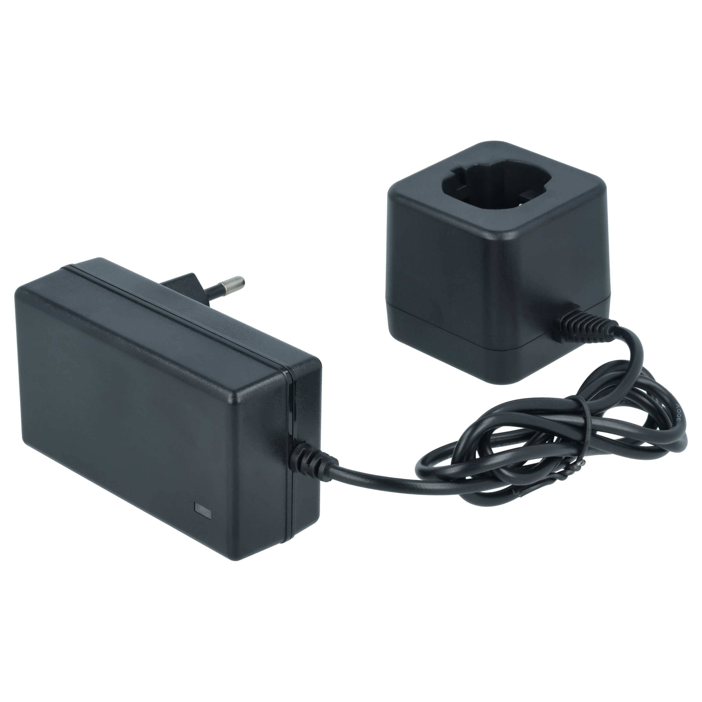 Schwarzes Stromadaptergerät mit europäischem Stecker, verbunden durch ein Kabel mit einer passenden Ladestation oder Steckdose