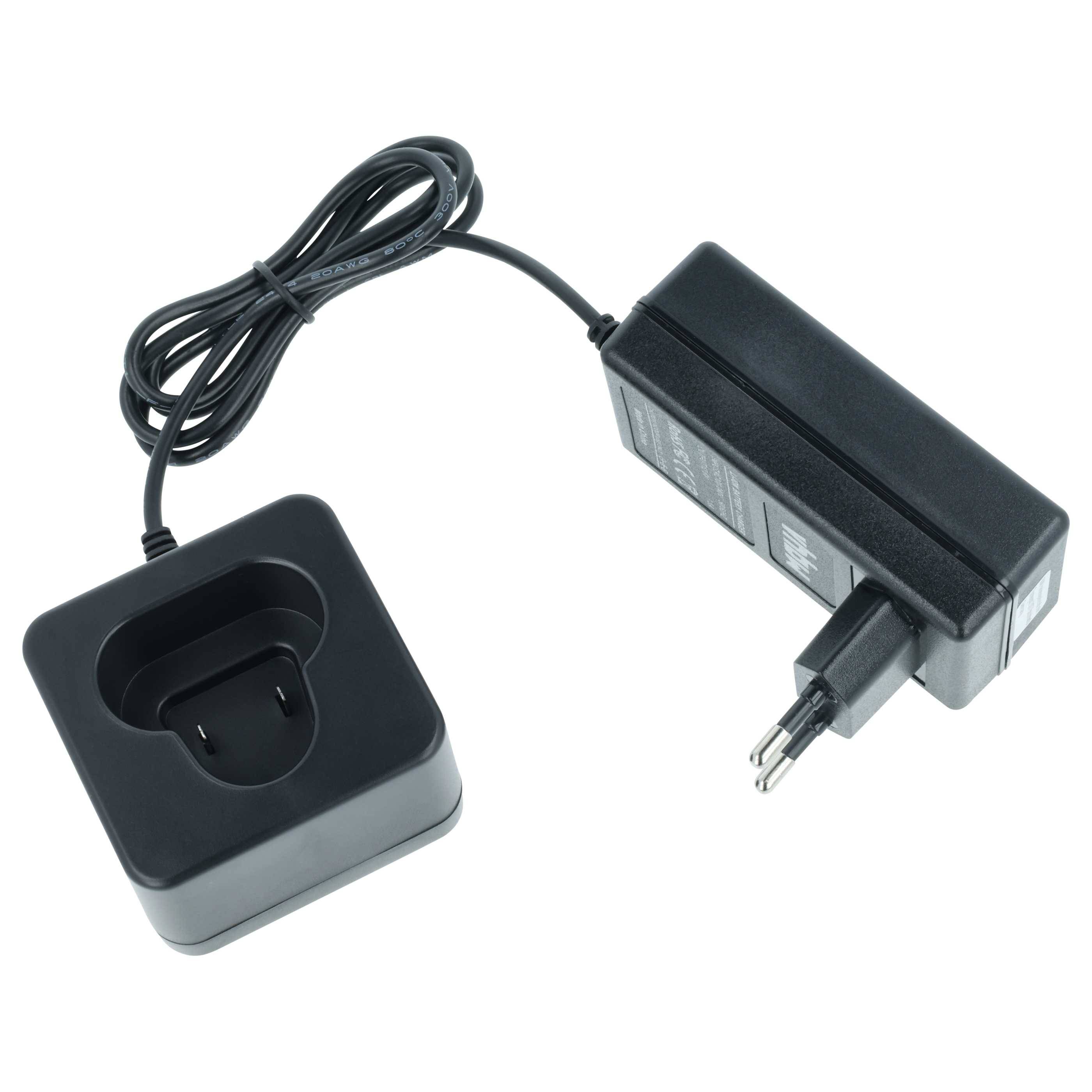 Ein schwarzer Netzteil und Ladestation mit einem zweipinigen Stecker, geeignet zum Aufladen elektronischer Geräte, vor einem weißen Hintergrund abgebildet.