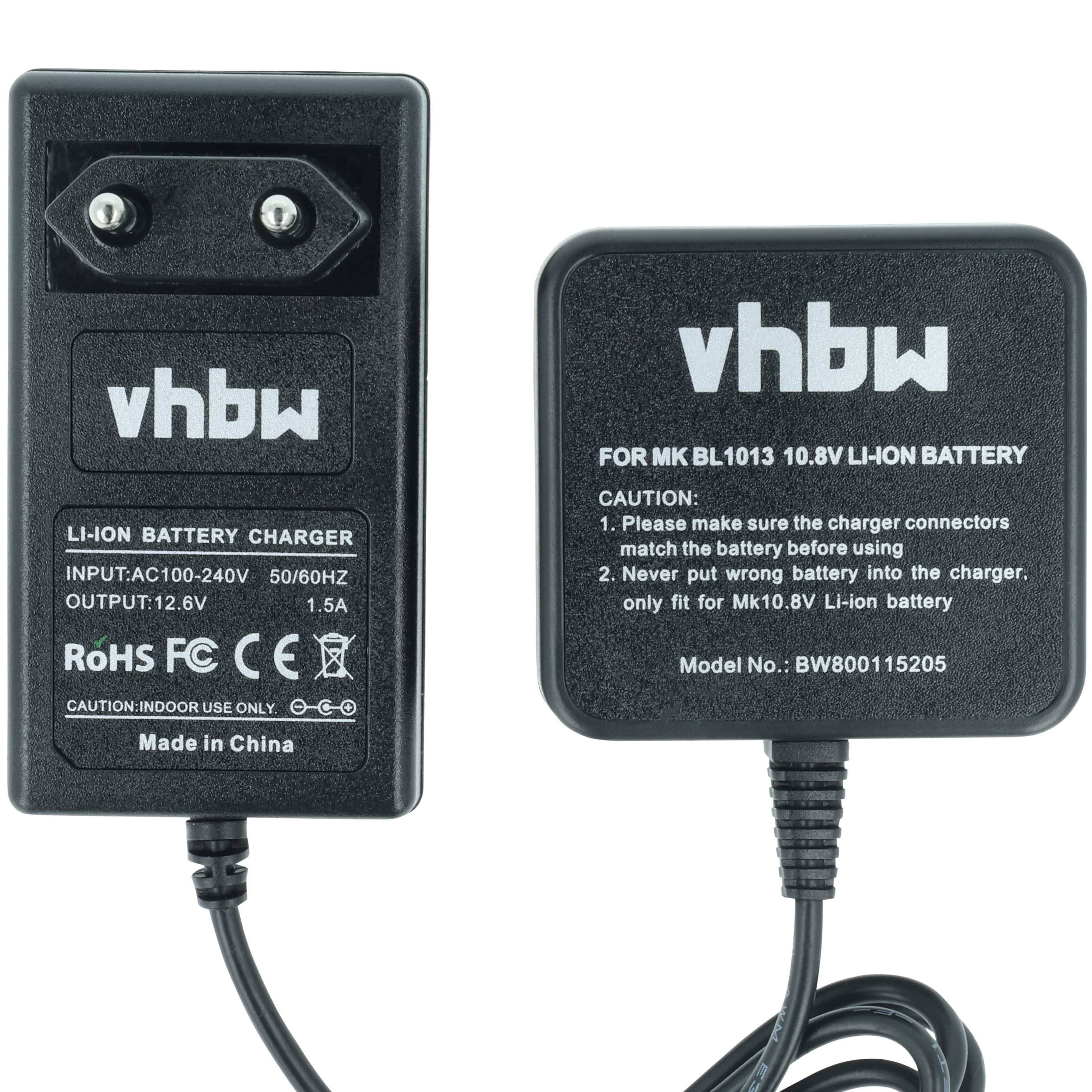Zwei vhbw Batteriegeräte werden gezeigt. Der linke Ladegerät hat eine Eingangsspannung von 100-240V, eine Ausgangsspannung von 12,6V, 1,5A. Der rechte ist für den MK BL1013 10,8V Lithium-Ionen-Akku.