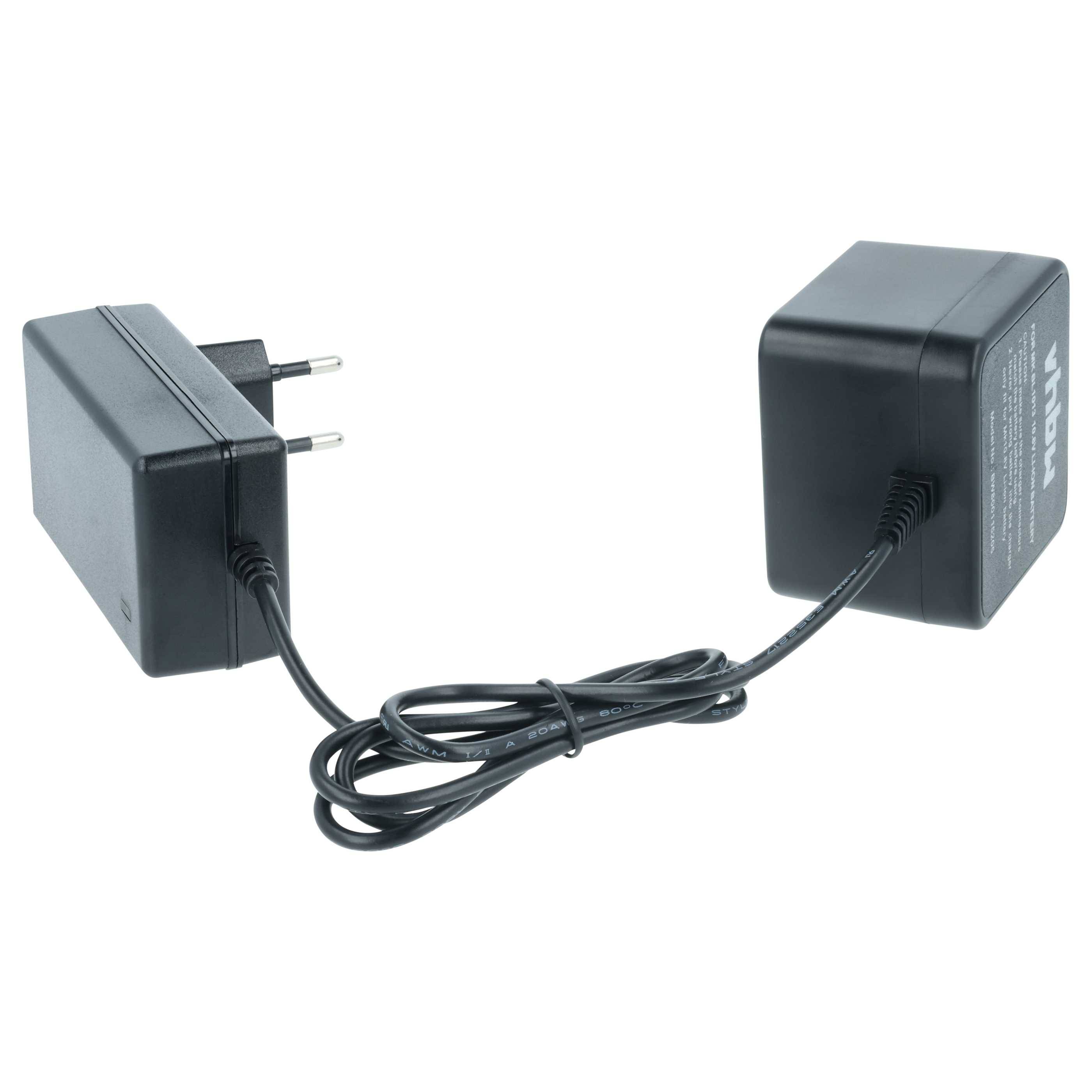 Ein Netzteil mit einem zweipinnigen Stecker ist mit einem Block mit einer Beschriftung verbunden. Ein Kabel verbindet die beiden Komponenten.