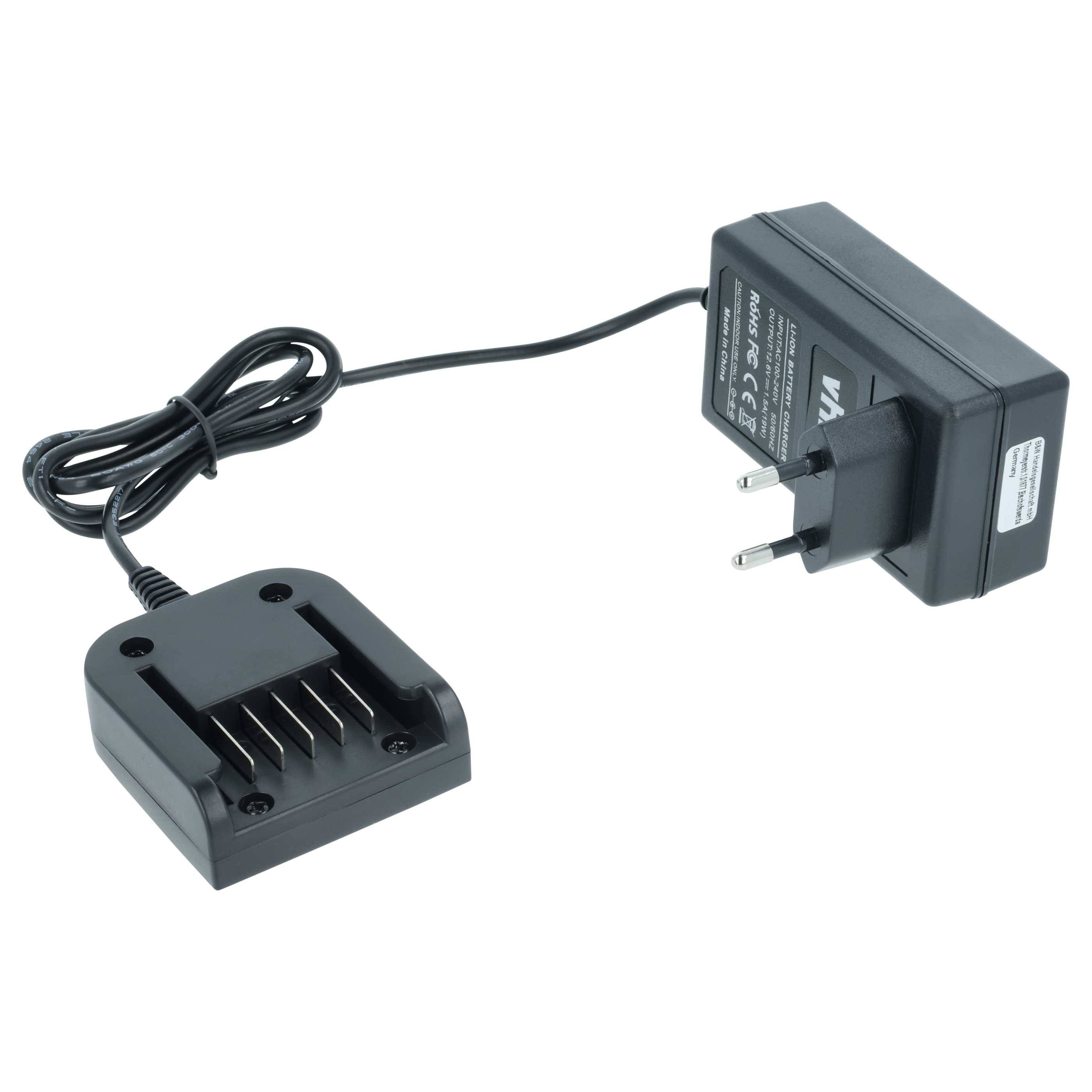 Ein schwarzes Batterieladegerät mit abnehmbarem Stecker, das zum Laden von kleinen elektronischen Geräten entwickelt wurde. Das Ladegerät hat zwei Stifte und einen rechteckigen Körper.