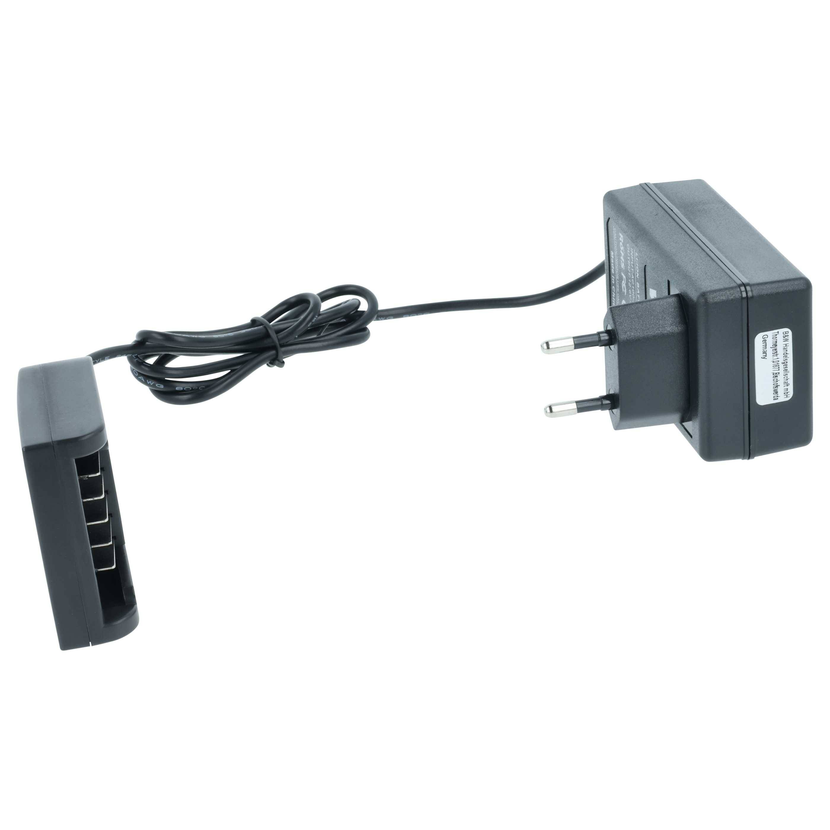 Ein schwarzes Netzteil mit europäischem Stecker, das mit einem USB-Ladehub mit vier Anschlüssen verbunden ist und für das Laden mehrerer Geräte ausgelegt ist.