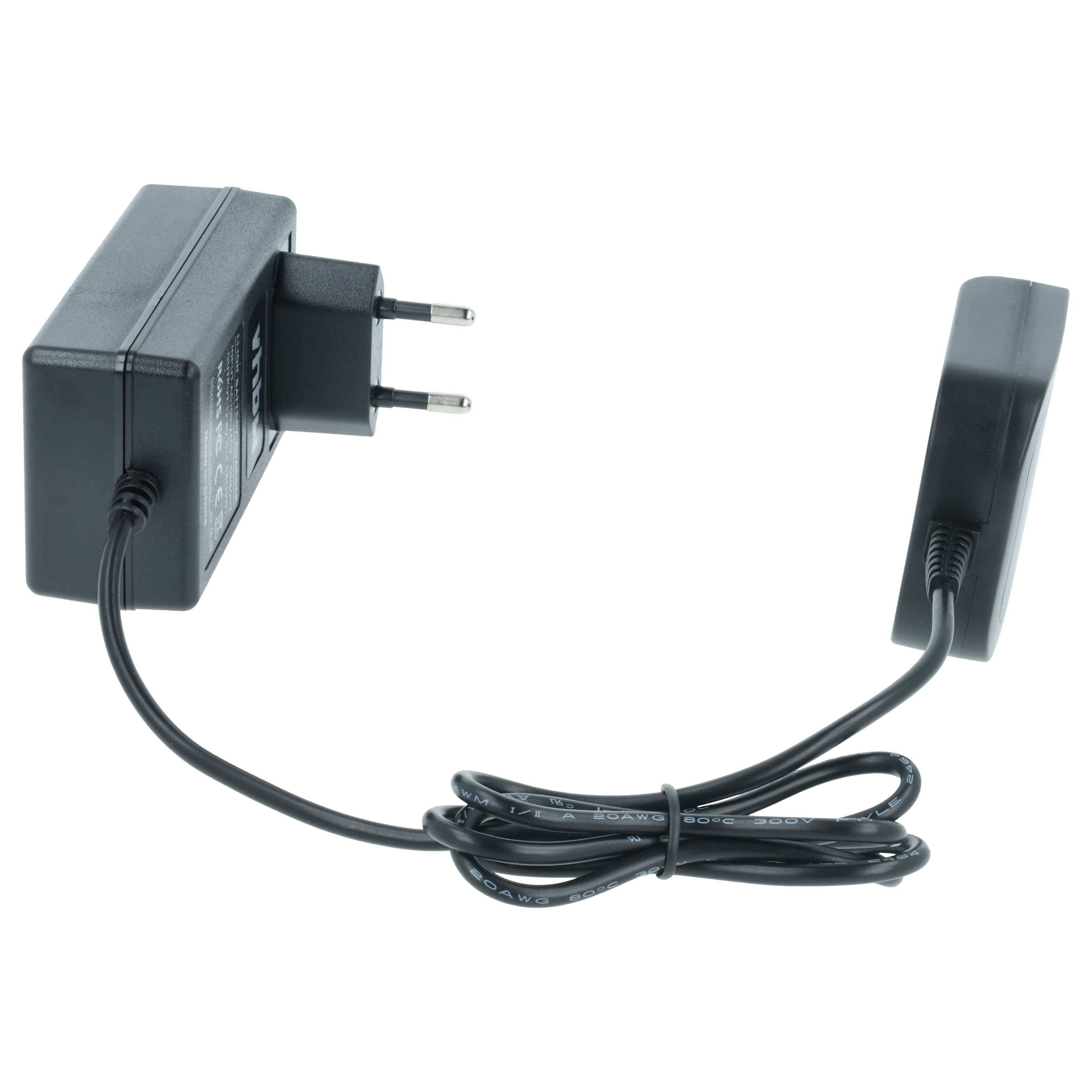 Ein schwarzer AC-Netzteil mit einem europäischen Stecker und einem angeschlossenen schwarzen Kabel, das in einen rechteckigen Block endet.