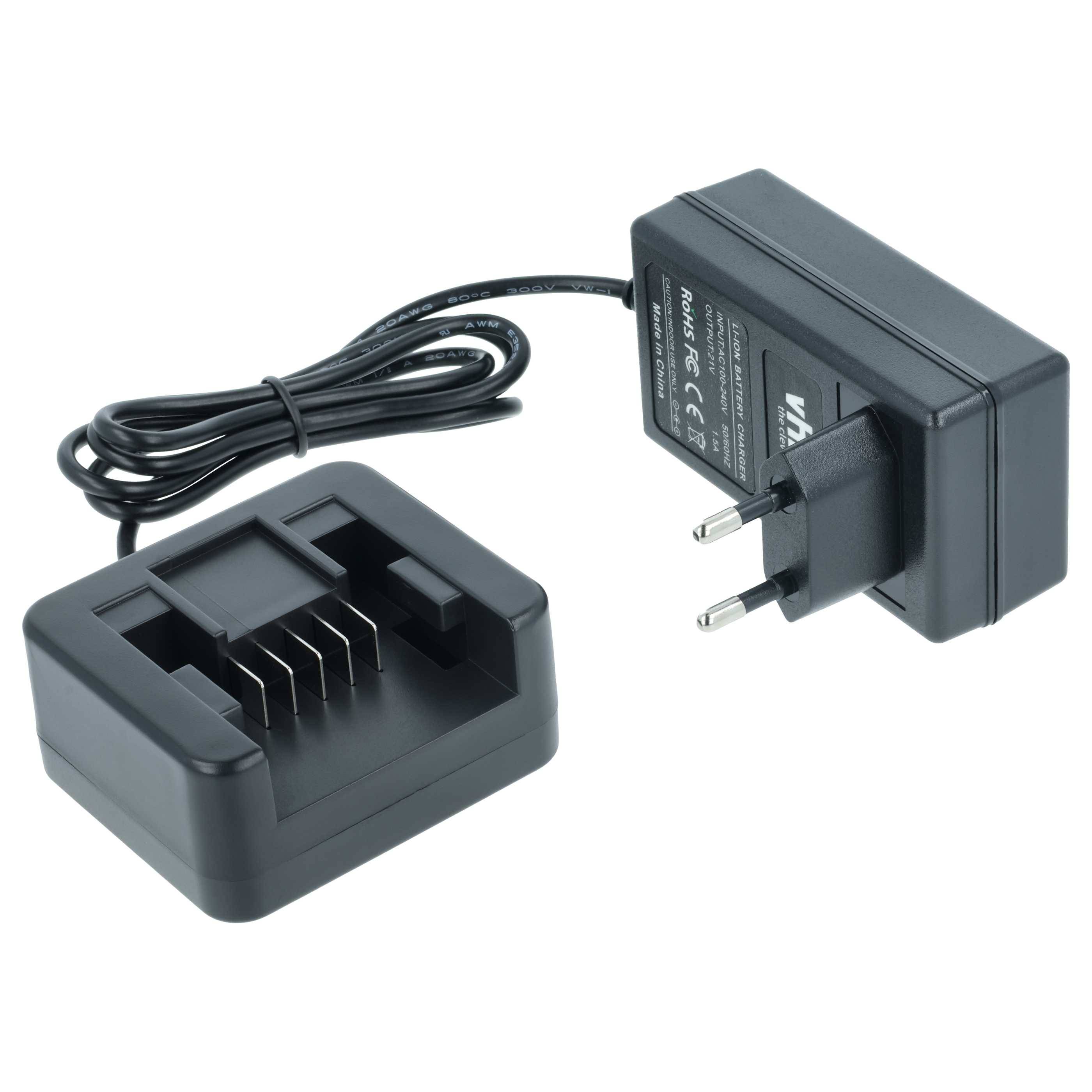 Ein schwarzes elektronisches Ladegerät mit einem zweipoligen Stecker und einer separaten Dockingstation mit Kontaktpunkten, das zum Aufladen elektronischer Geräte verwendet wird.