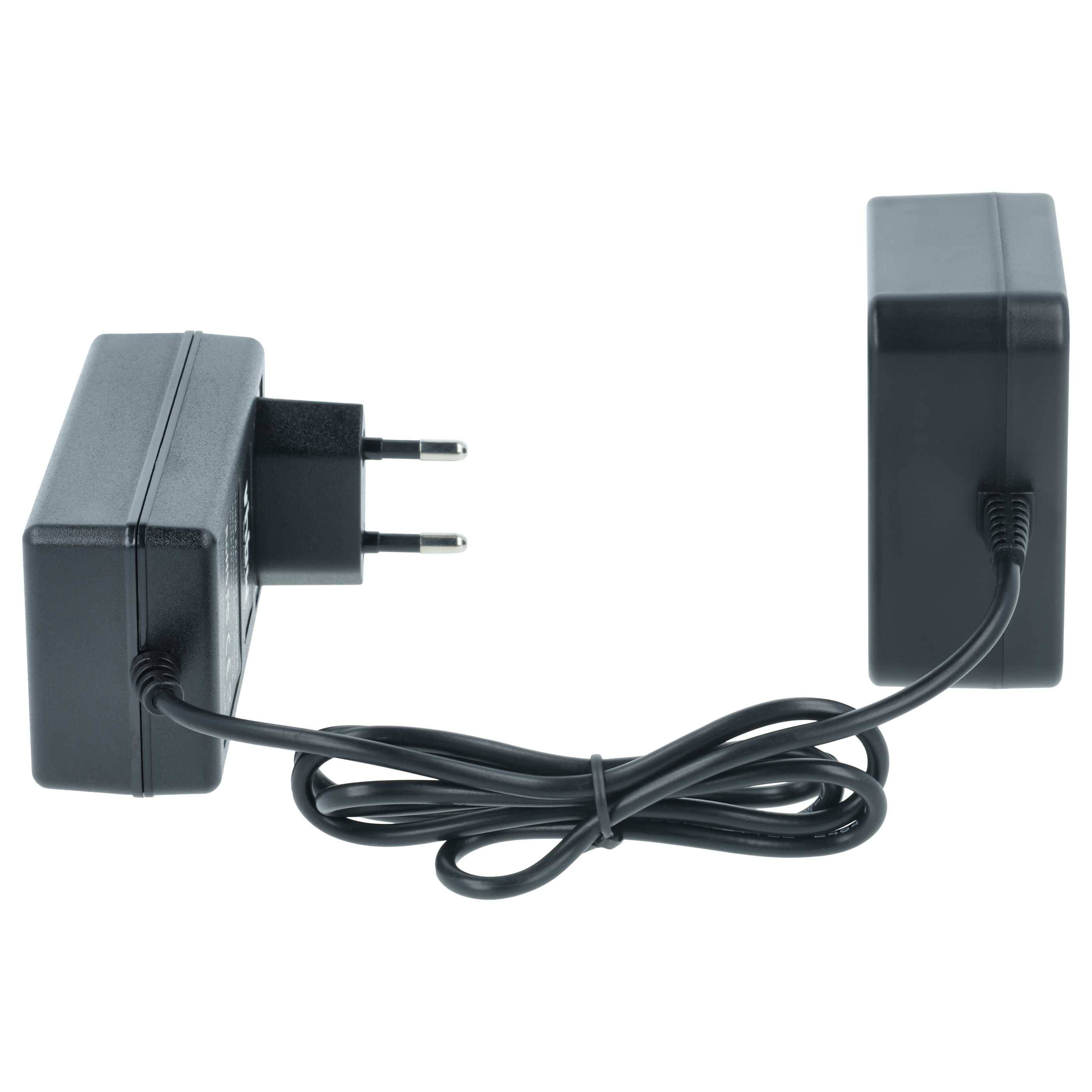 Ein schwarzes Elektroladegerät mit europäischem Stecker und angeschlossenem Stromkabel, das auf weißem Hintergrund liegt.