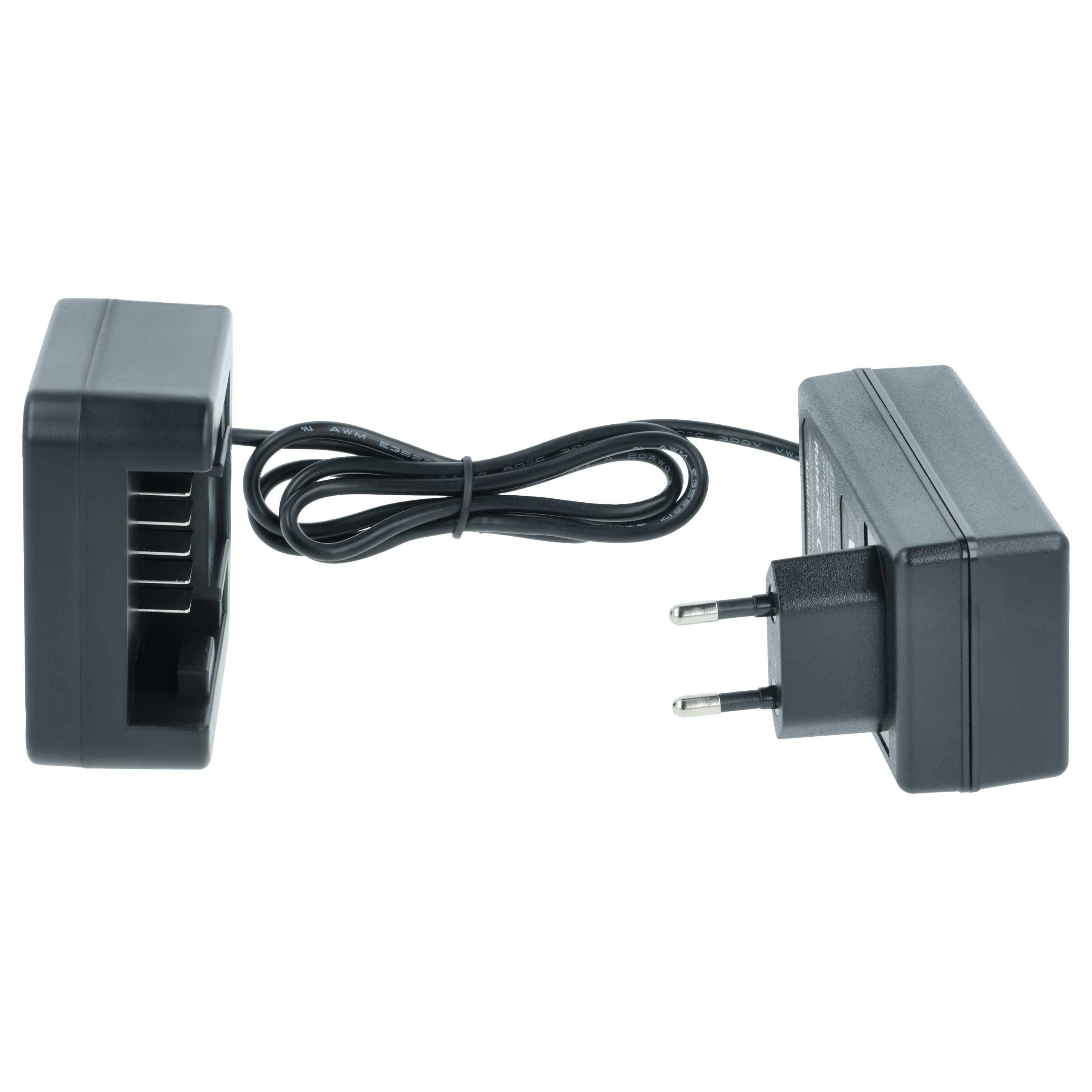 Ein schwarzes Stecker-Batteriladegerät mit einem europäischen zweipoligen Stecker und einem Spiralkabel, das mit einem Batteriehalter verbunden ist.