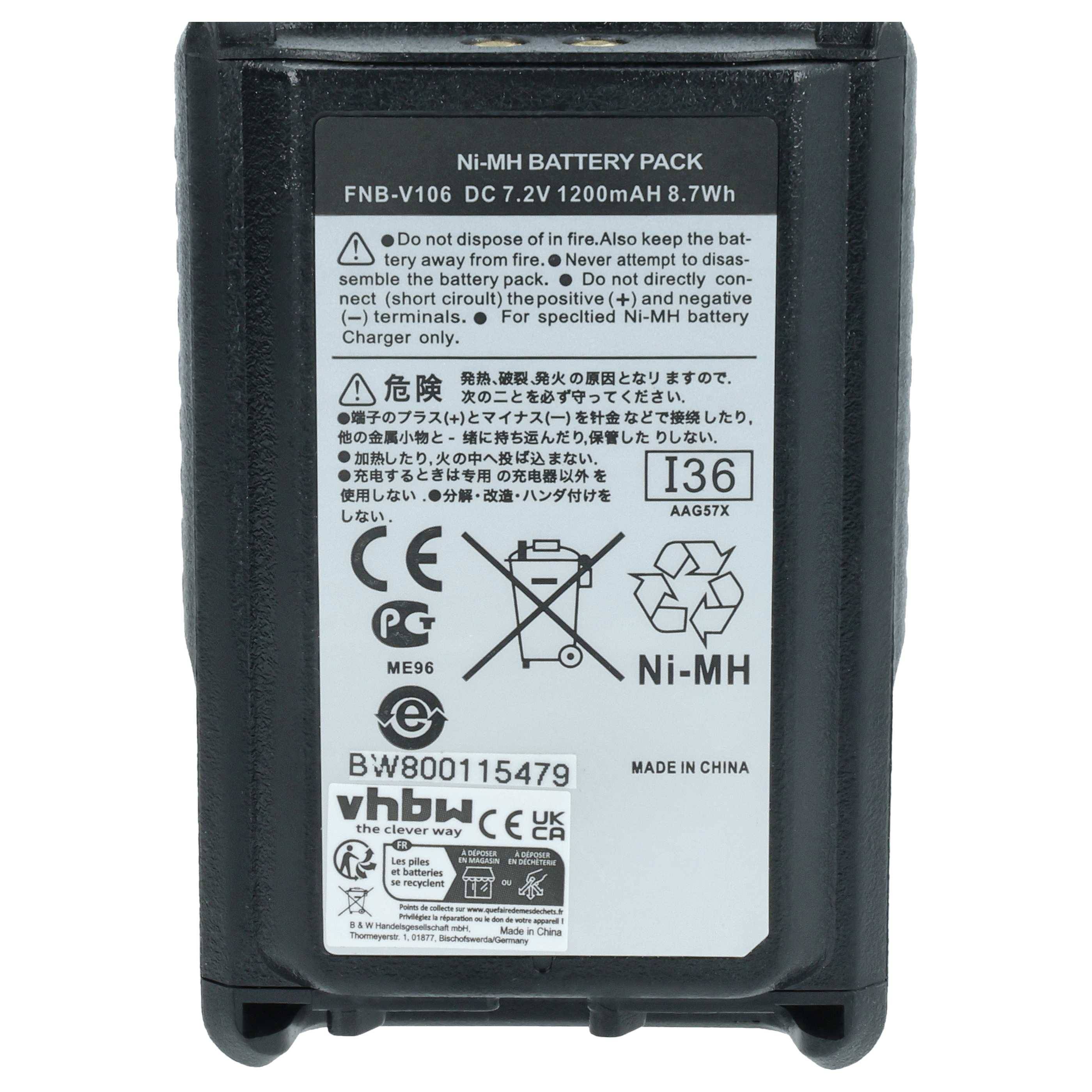 Ni-MH-Akku, Modell FNB-V106, 7,2V, 1200mAh, 8,7Wh. Nicht auseinandernehmen, Brandgefahr vermeiden. Hergestellt in China. Zertifizierungen angezeigt.