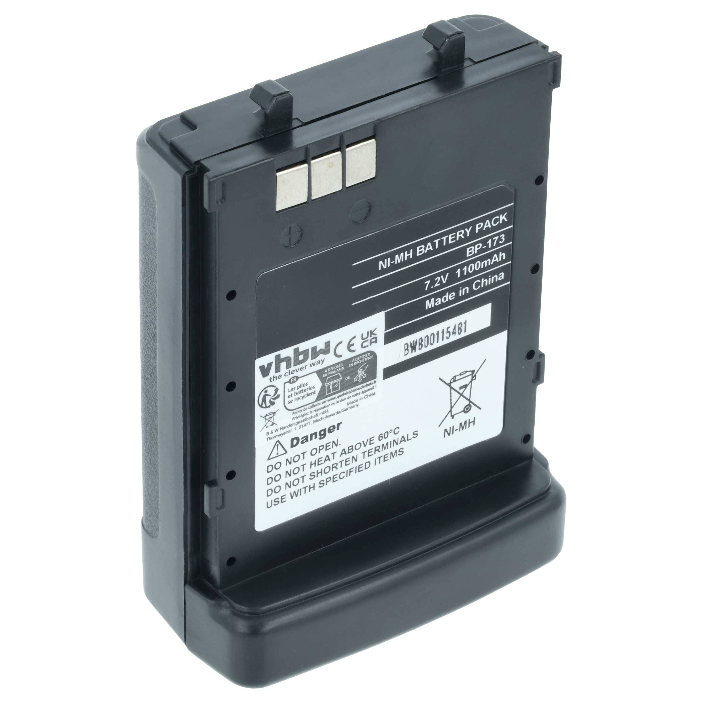 Ni-MH-Akkupack mit der Bezeichnung 'VB 73' mit 7,2V, 1100mAh Kapazität. Enthält Warnhinweise: 'Nicht öffnen', 'Klemmen nicht kurzschließen'.