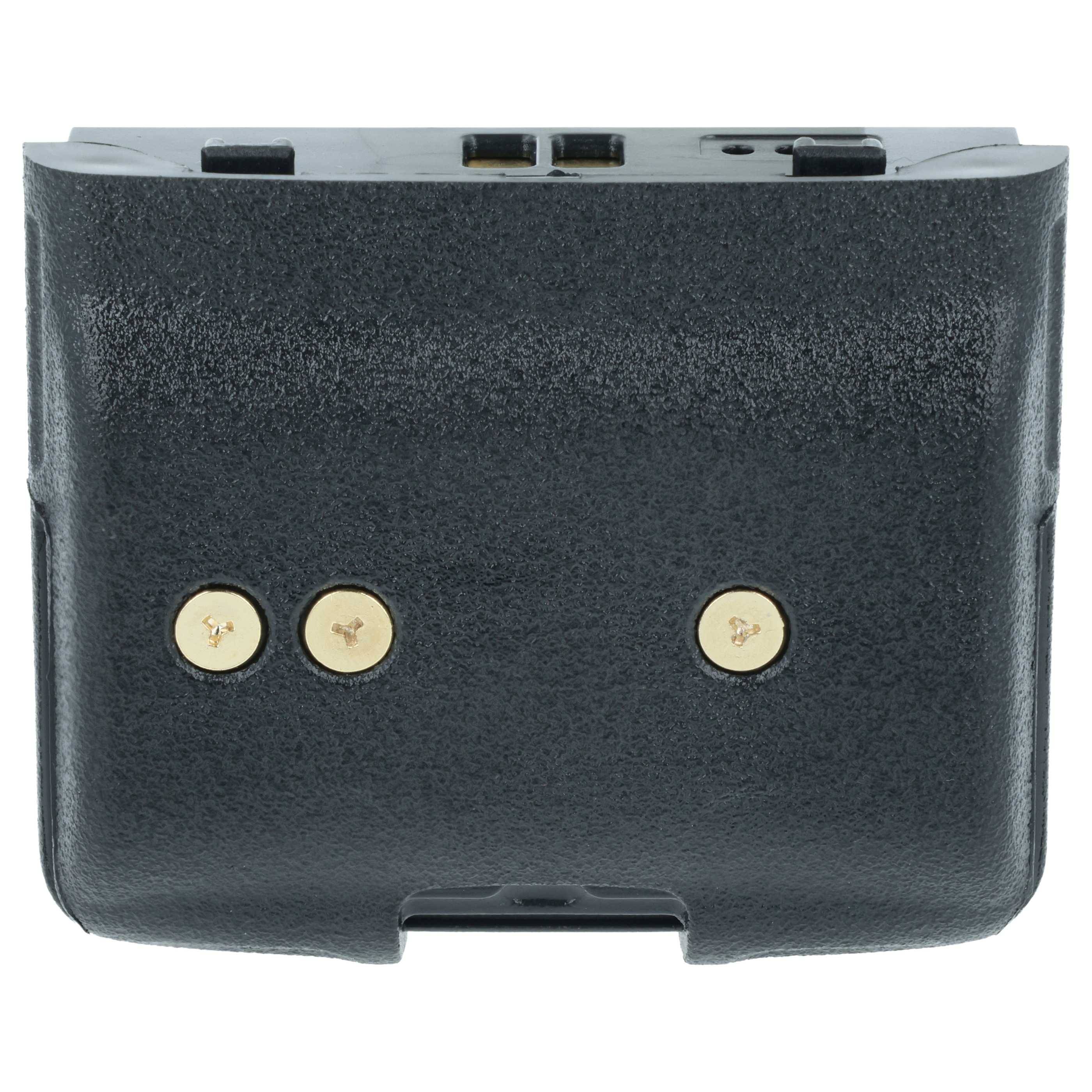 Ein schwarzer Akkupack mit drei goldenen Kontaktpunkten an einer Seite, der zum Stromversorgung von Geräten verwendet wird.