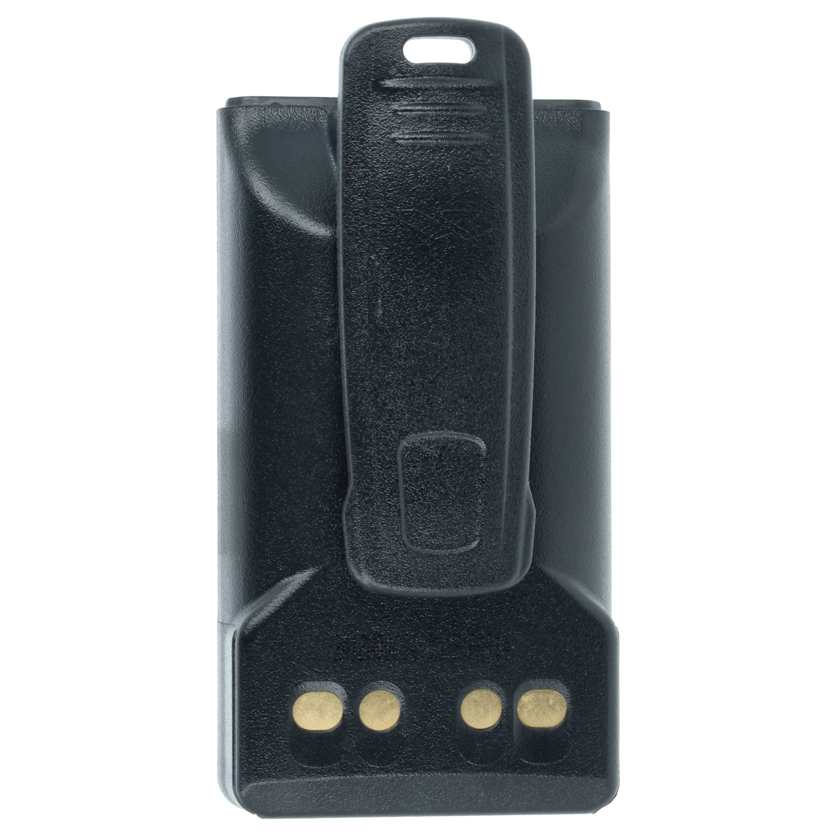 Eine schwarze Zwei-Wege-Funkgeräte-Batteriepacks mit Gürtelclip, die vier goldene Kontaktpunkte am unteren Ende aufweist und zum Betrieb von Kommunikationsgeräten verwendet wird.