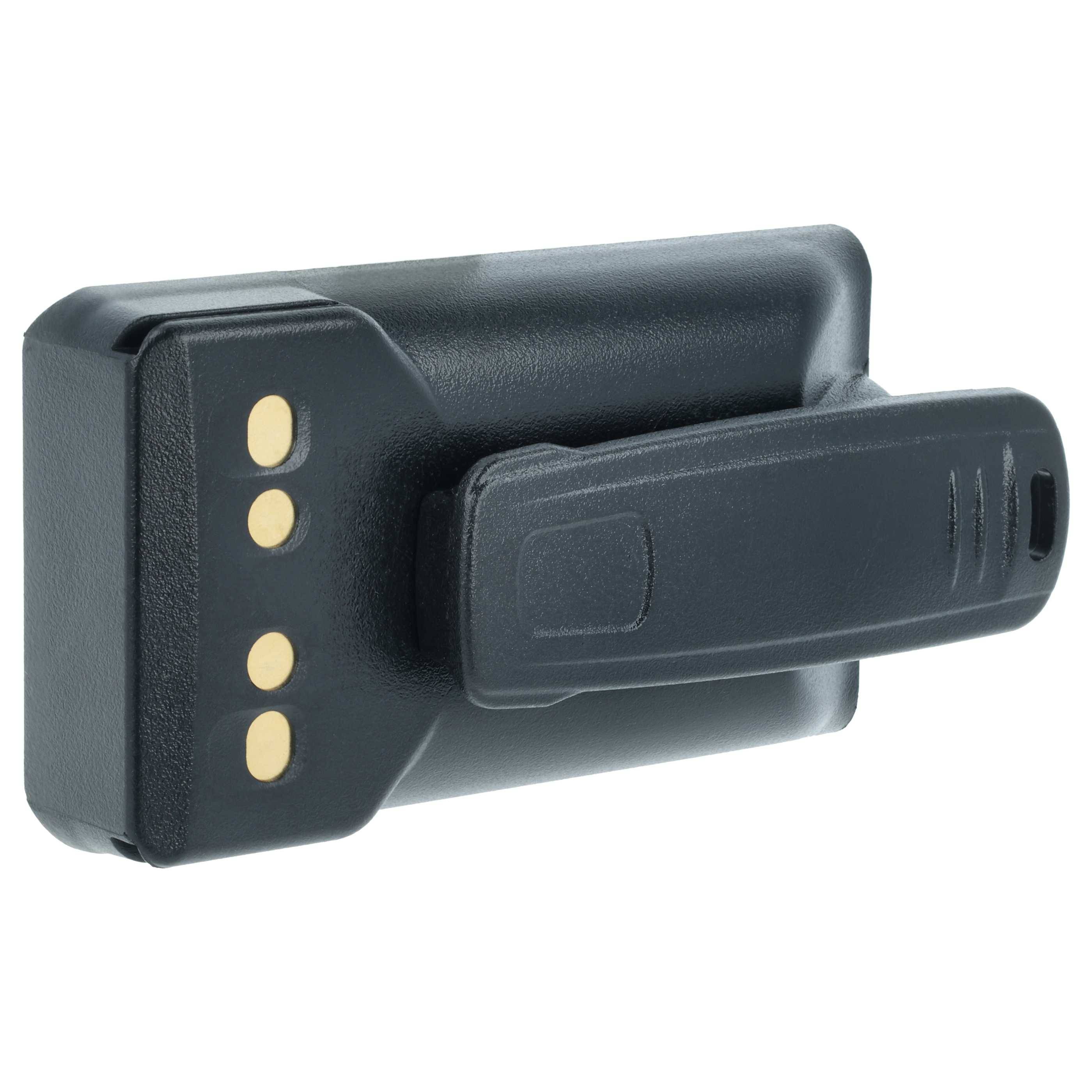 Eine schwarze tragbare Geräteklammer mit drei goldenen Kontaktpunkten, möglicherweise Teil eines Lade- oder Verbindungssystems.