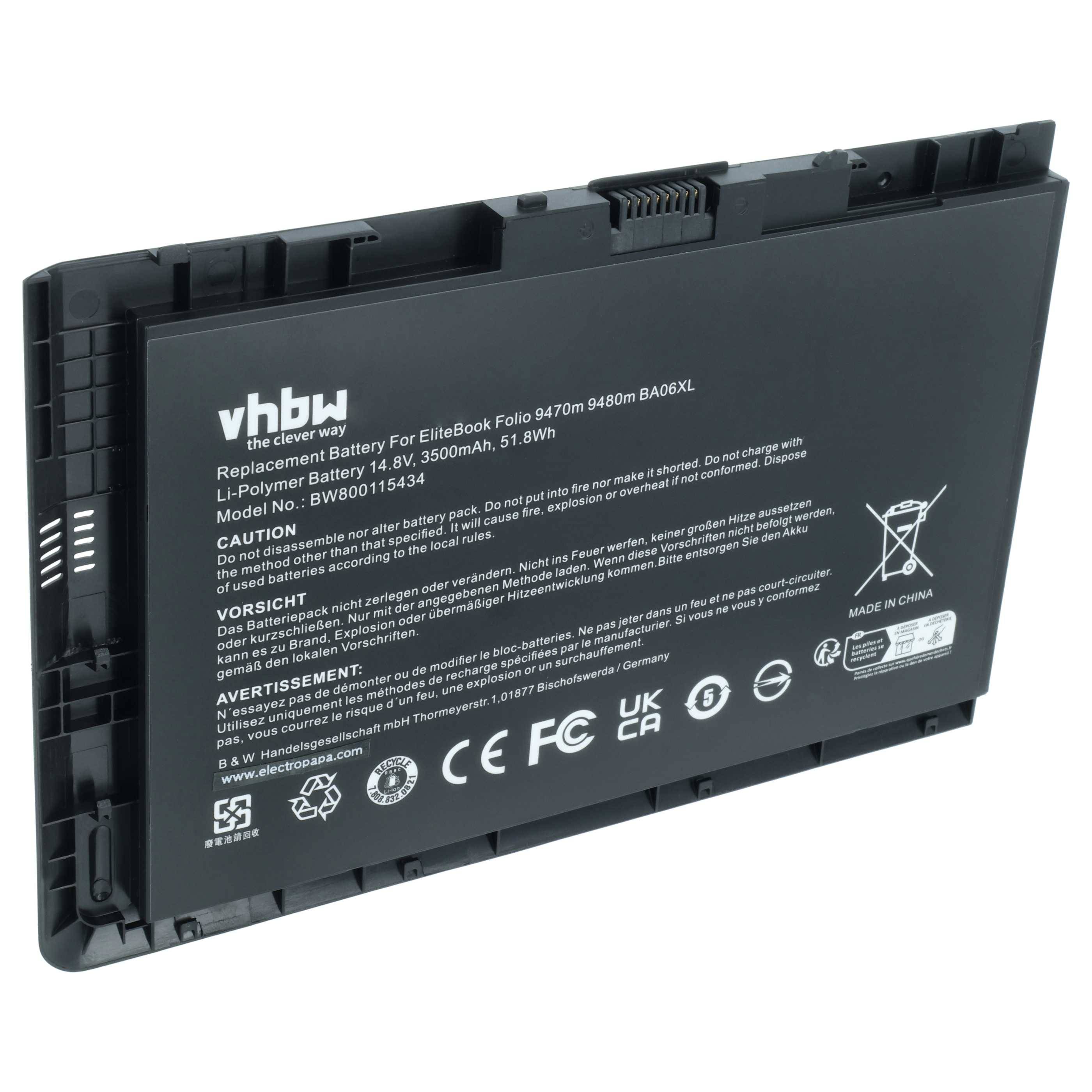 VHBW Ersatzbatterie für EliteBook Folio 9470m mit den Spezifikationen 14,8V, 3500mAh, 51,8Wh. Hergestellt in China.