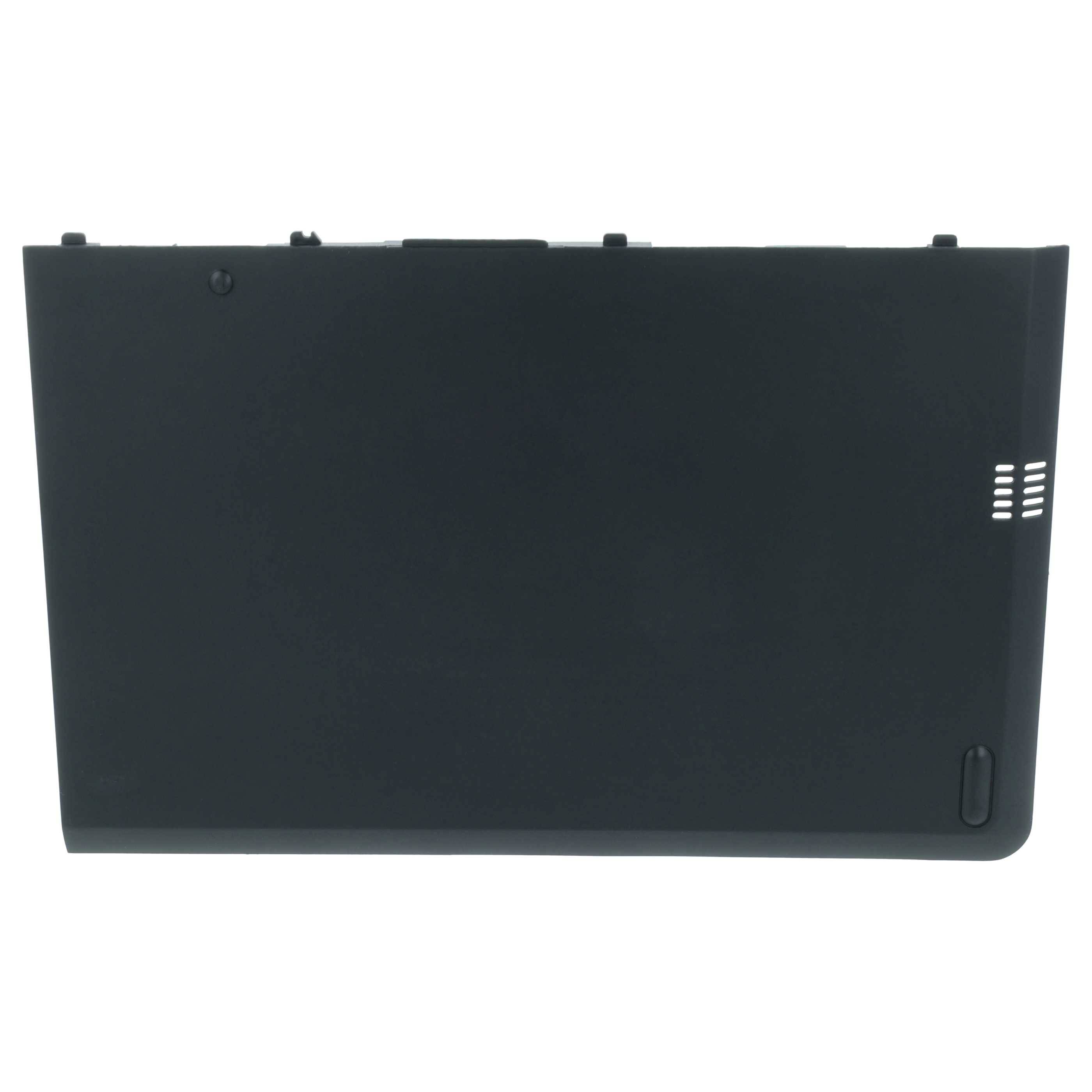 Eine schwarze Laptop-Batterie mit Belüftungsschlitzen auf der rechten Seite und Anschlüssen auf der oberen Kante.