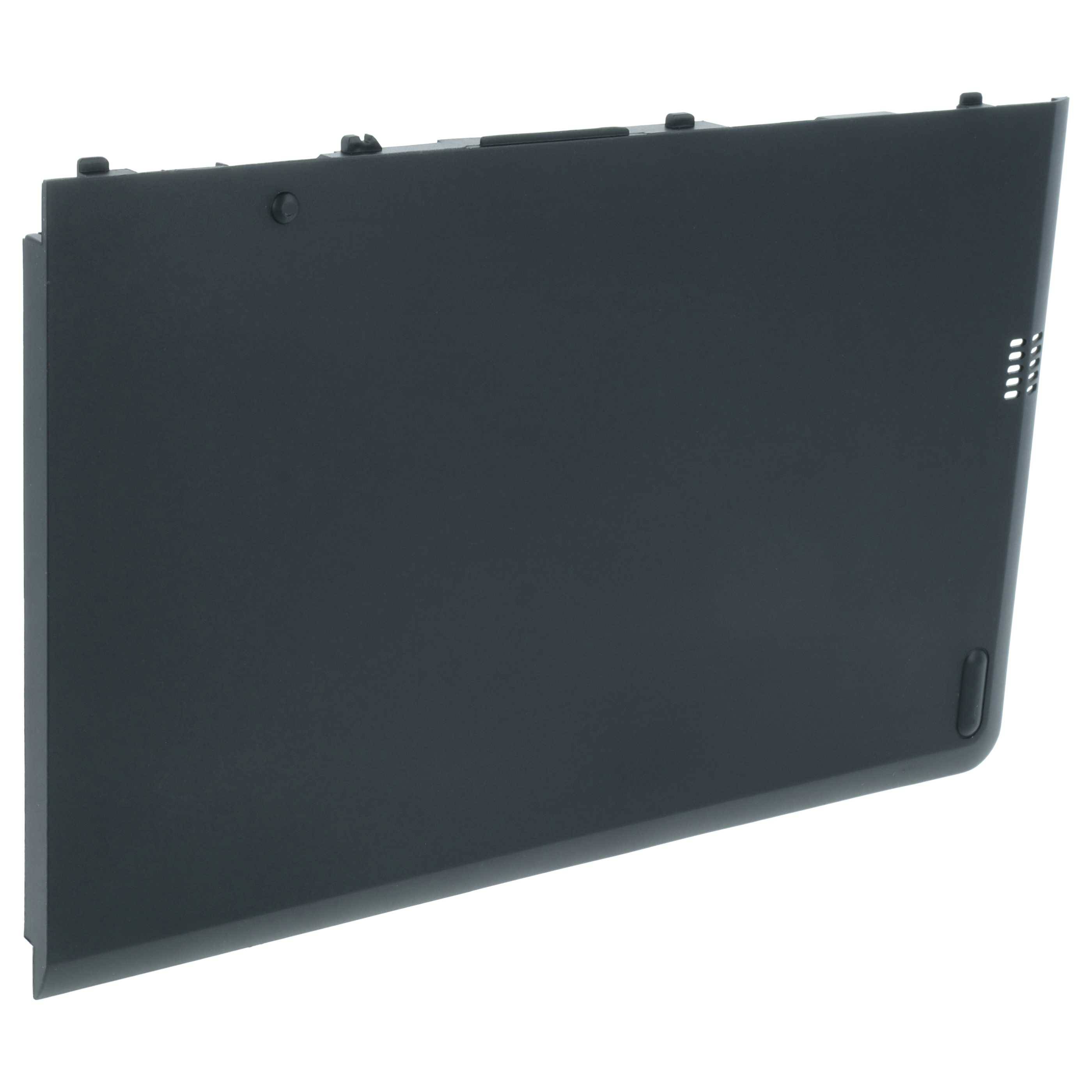 Ein schwarzes Laptop-Akkupack, rechteckig geformt mit kleinen Rillen auf einer Seite, konzipiert zur Verwendung als tragbare Stromquelle.