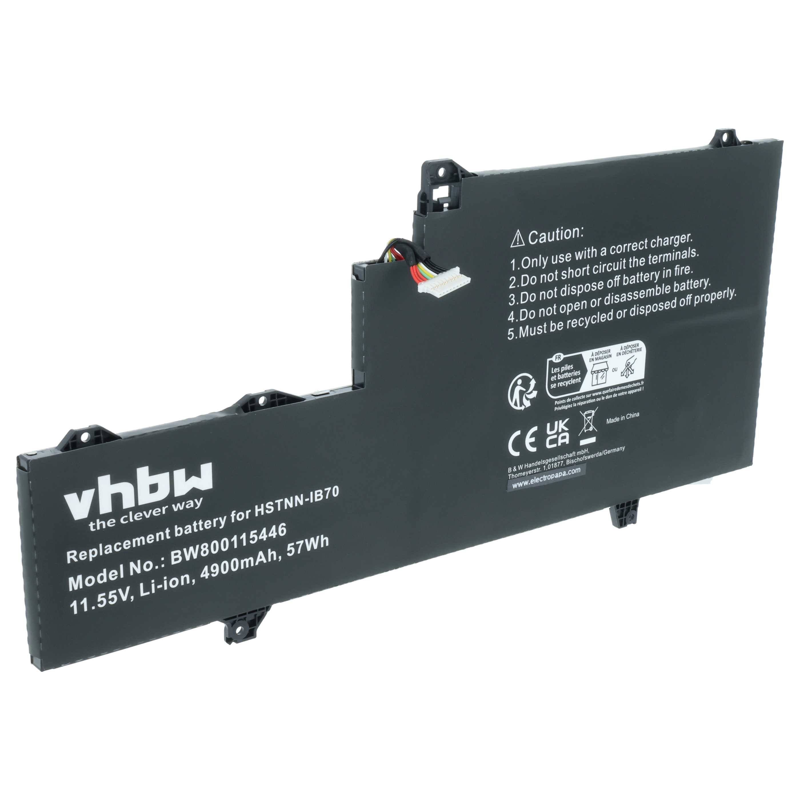 vhbw Akku kompatibel mit HP EliteBook X360 1030 G2 1WH43UP, X360 1030 G2 X3U18AV Notebook (4900mAh, 11.55V, Li-Polymer)