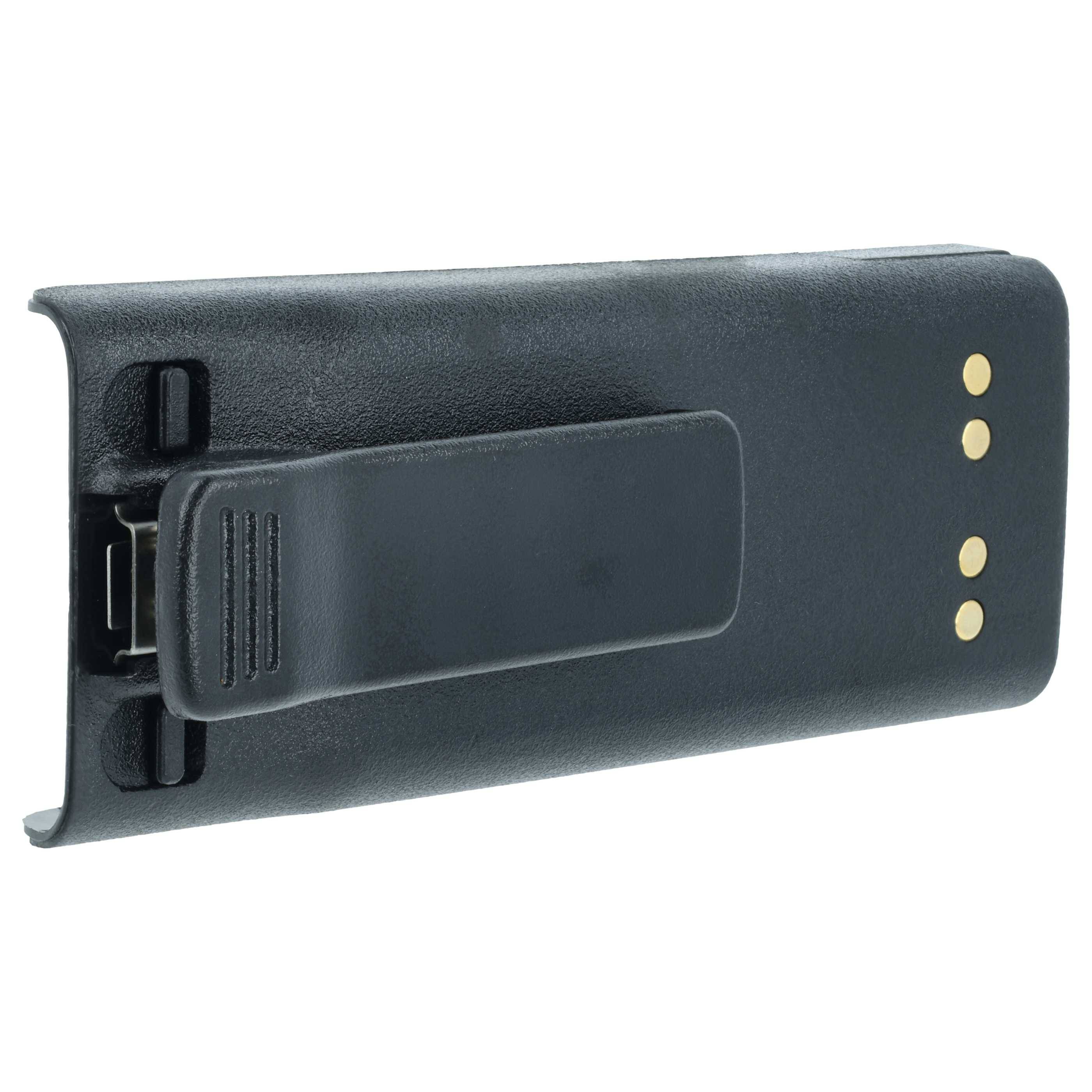 Eine schwarze Zwei-Wege-Funkgeräte-Batterie mit einer Befestigungsklammer und drei goldenen Kontaktpunkten an der Seite, entwickelt für eine sichere Befestigung und zuverlässige Stromversorgung.