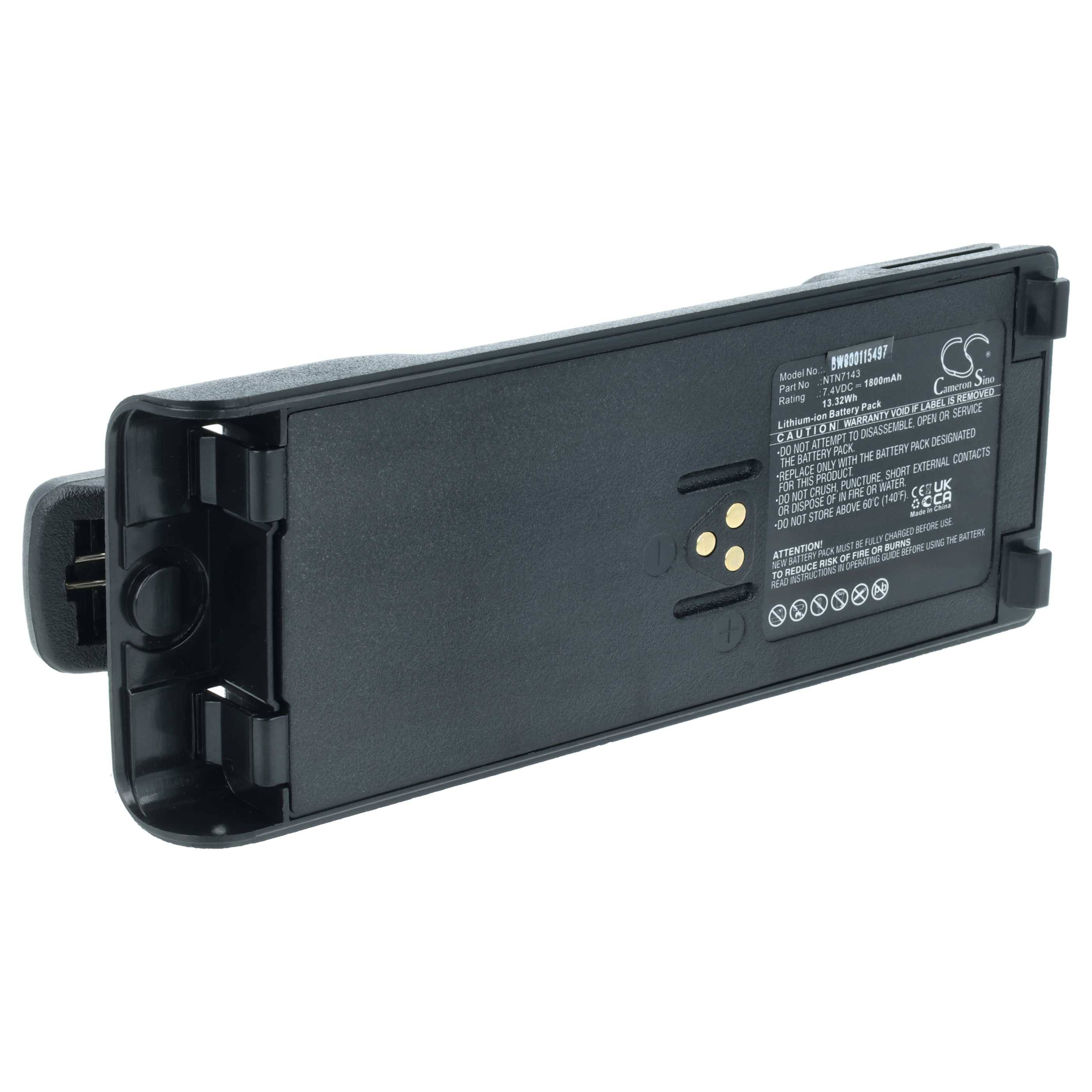 Eine Nahaufnahme eines rechteckigen schwarzen Batteriepakets mit sichtbaren Anschlusspunkten und verschiedenen Sicherheitssymbolen und Spezifikationen, die darauf beschriftet sind.