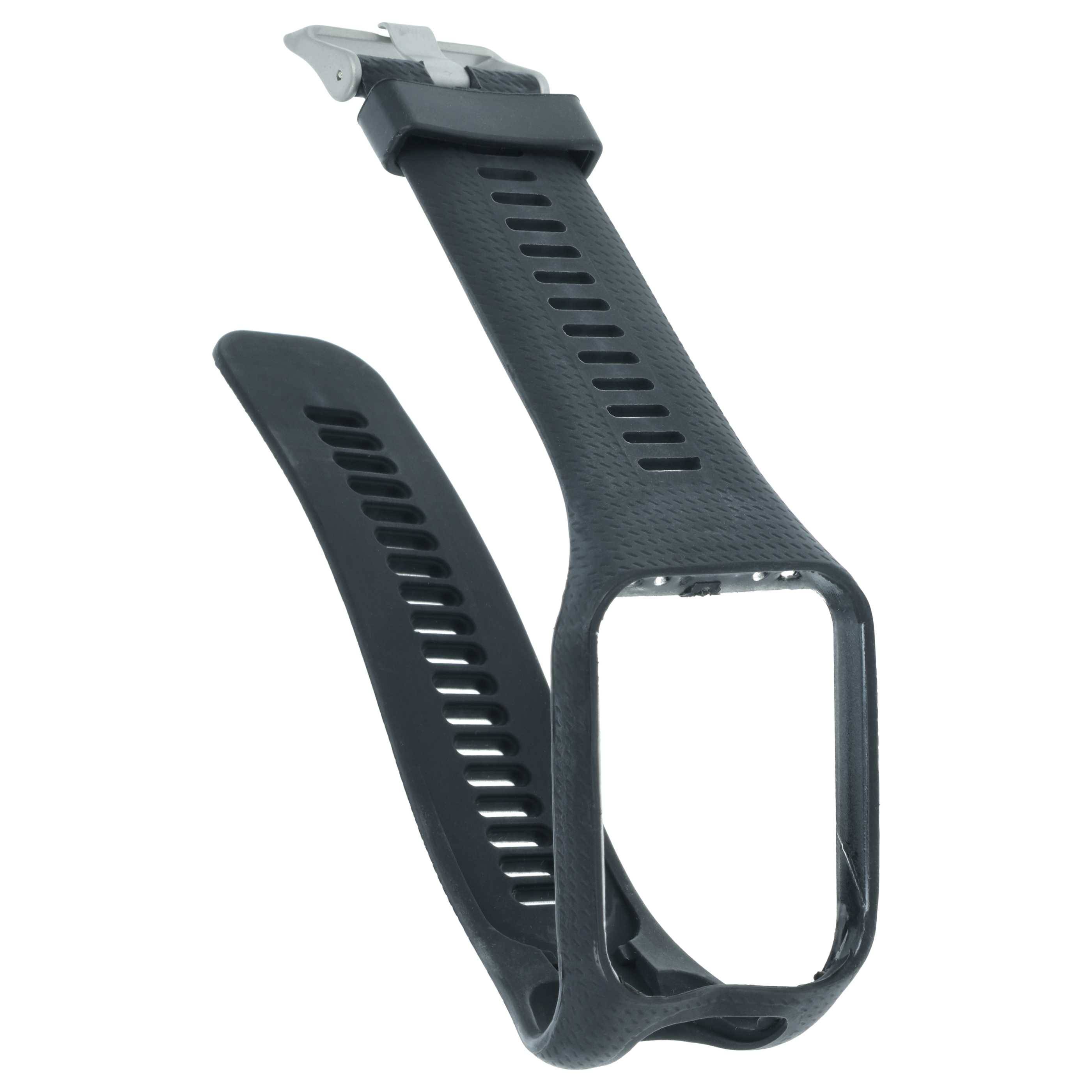 Eine schwarze Smartwatch-Armband mit einem offenen Rahmen, konzipiert für ein standard-sized Zifferblatt, aus einem Seitenwinkel betrachtet.