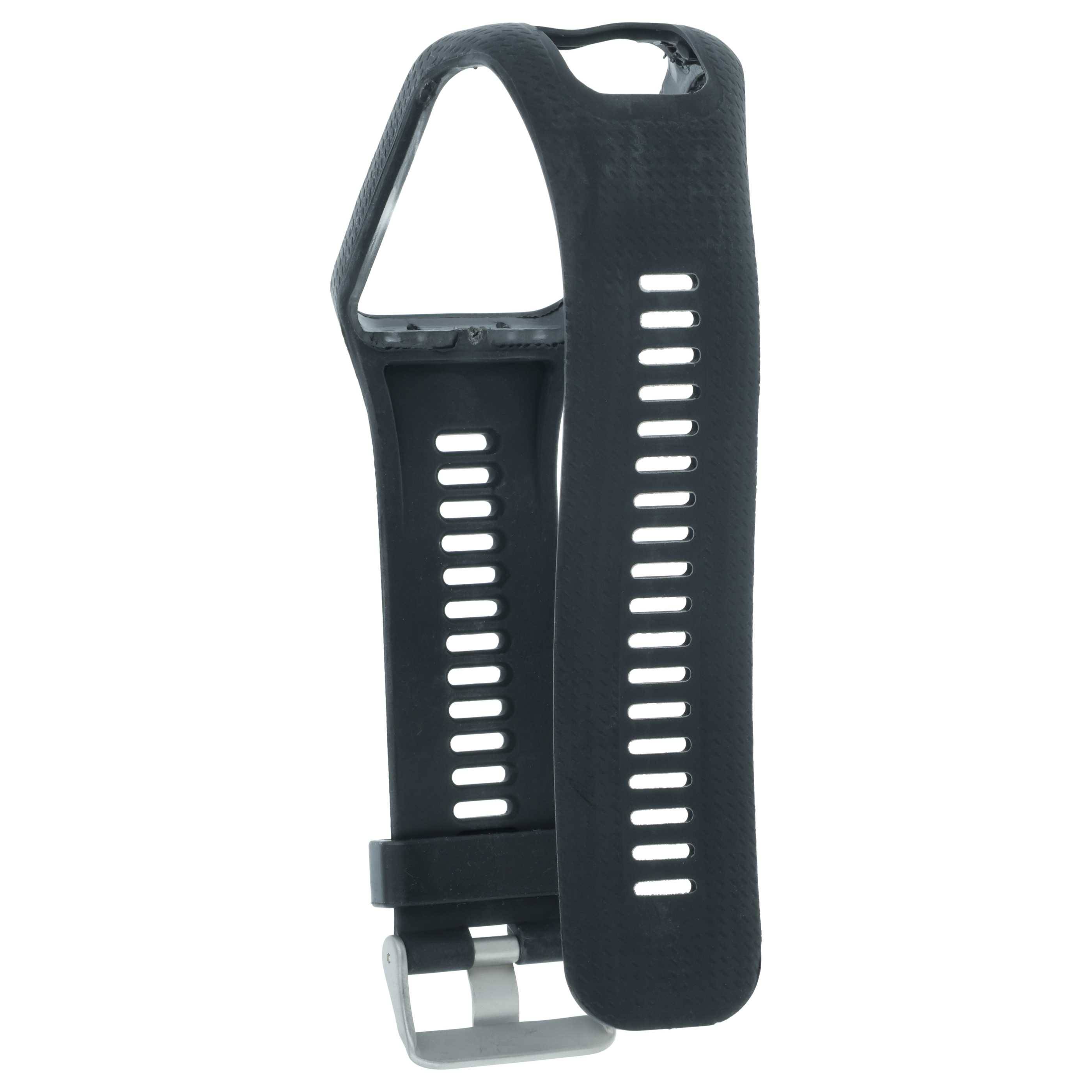 Eine schwarze Silikonarmband mit einer Metallschnalle, ausgestattet mit mehreren Löchern für eine verstellbare Größenanpassung.