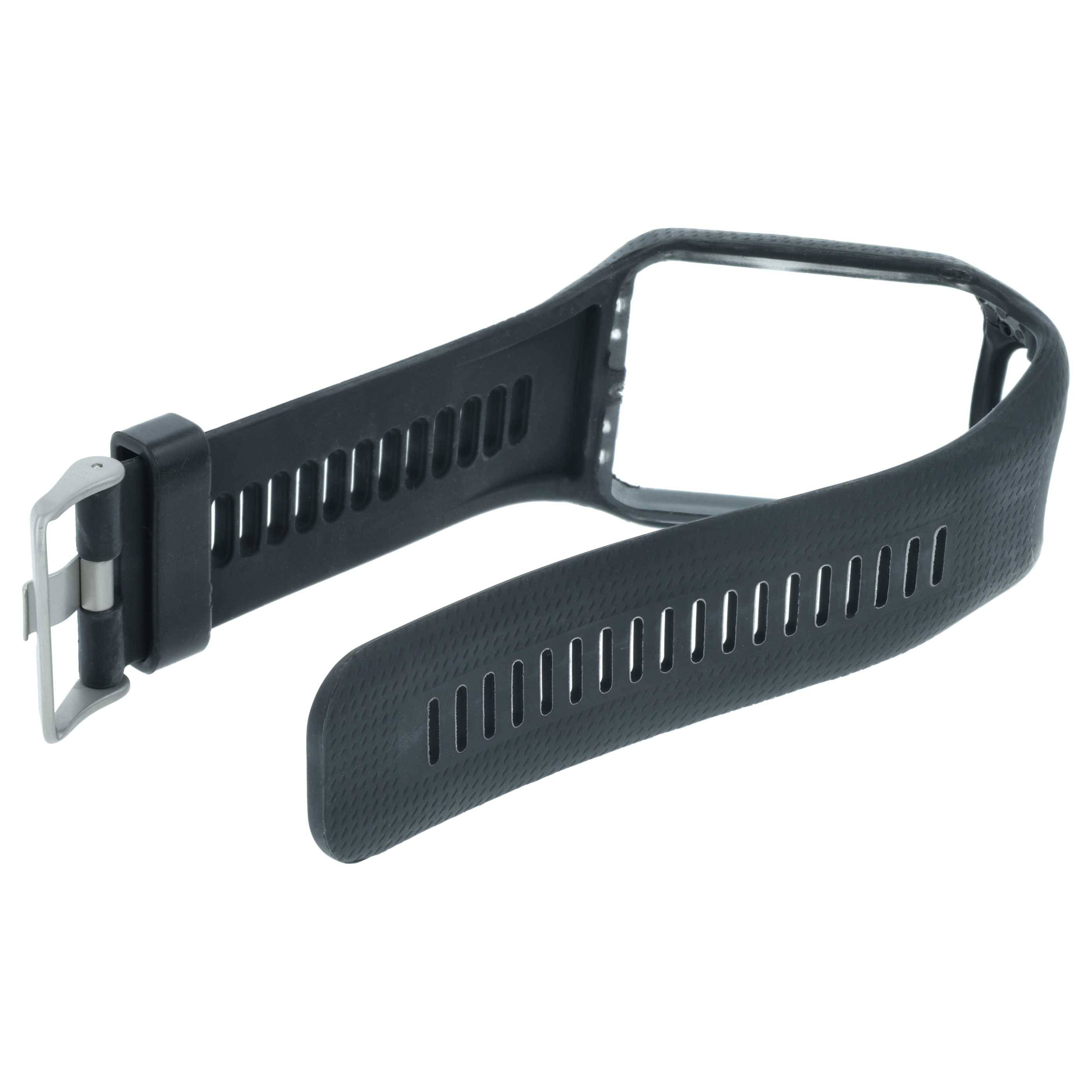 Eine schwarze Ersatz-Uhrenarmband mit einer silbernen Metallschnalle, entworfen für eine Smartwatch. Die Bänder verfügen über mehrere Löcher für eine verstellbare Größenanpassung.