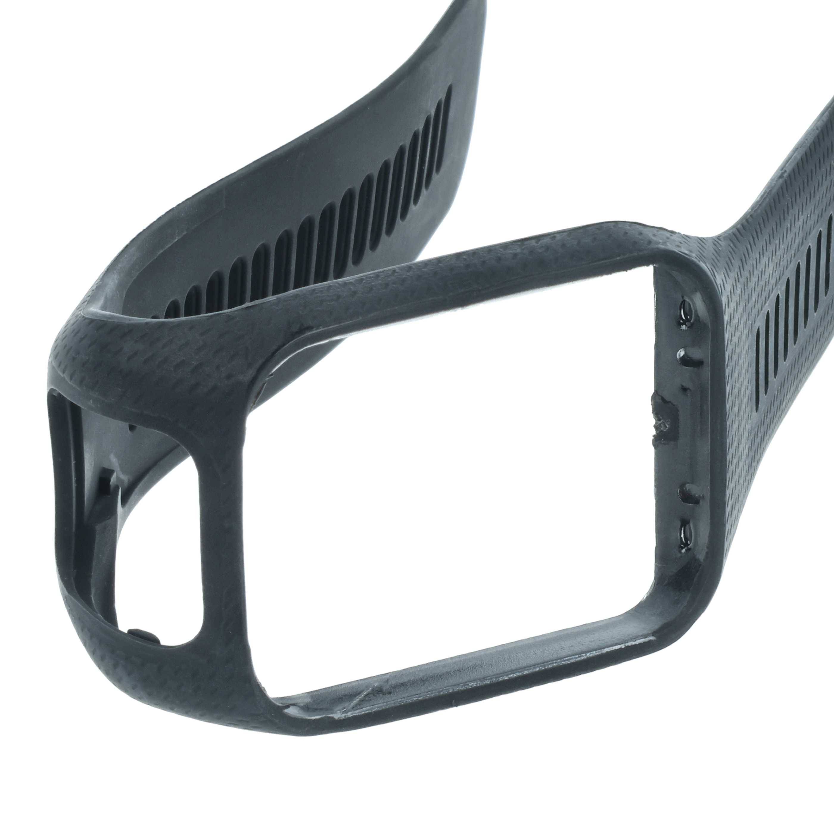 Ein schlankes schwarzes Schutzgehäuse, speziell für einen Fahrradcomputer entwickelt, mit einer strukturierten Oberfläche und präzisen Aussparungen für Tasten und Anschlüsse.