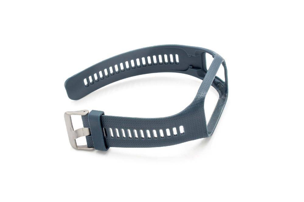 Ein blauesntelligentes Uhrenarmband mit silberner Schnalle, flach auf einer weißen Oberfläche gelegt. Das Armband hat mehrere Anpassungslöcher zur Größeneinstellung.