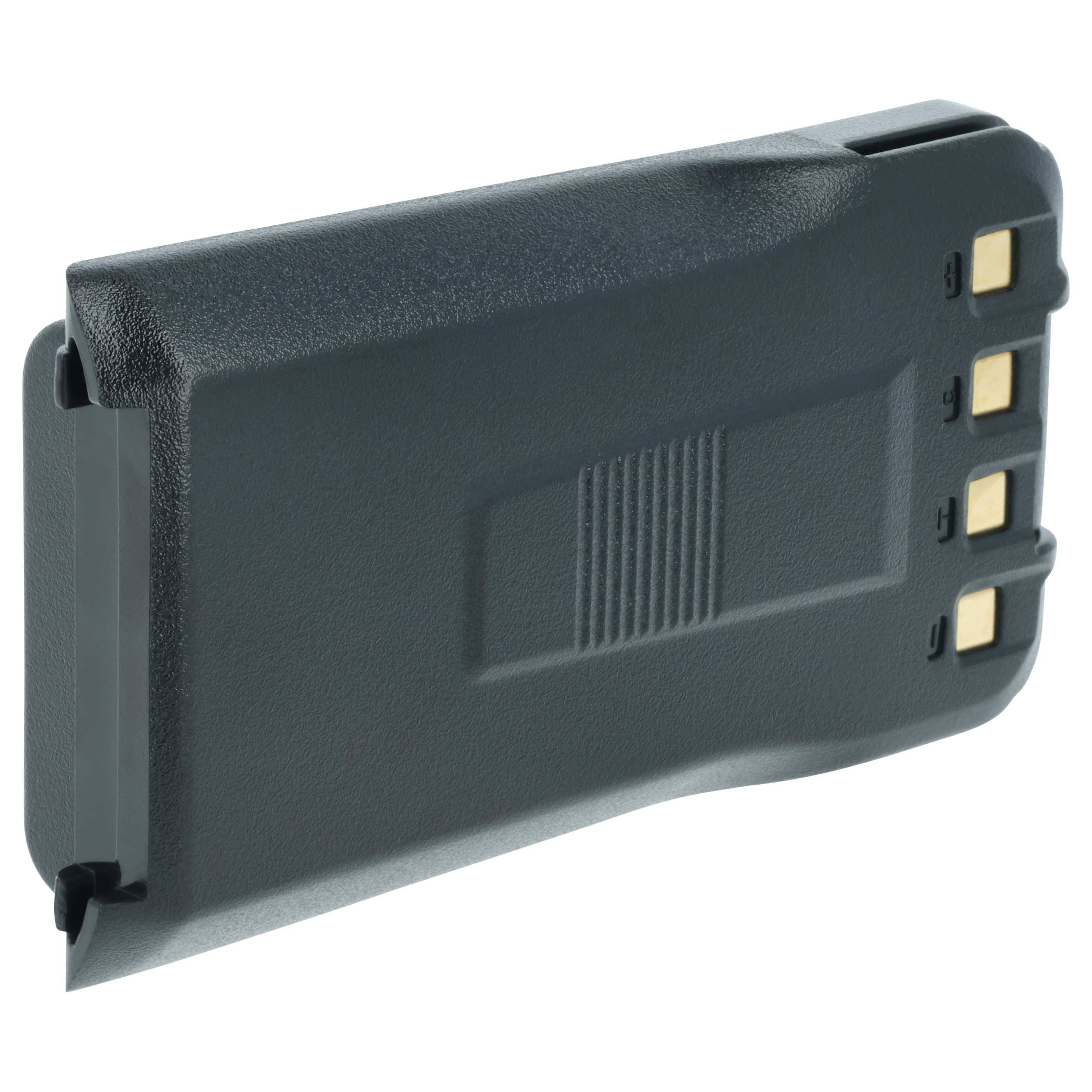 Rechteckiger schwarzer Akku mit vier goldenen Kontaktpunkten auf einer Seite, verwendet für elektronische Geräte.