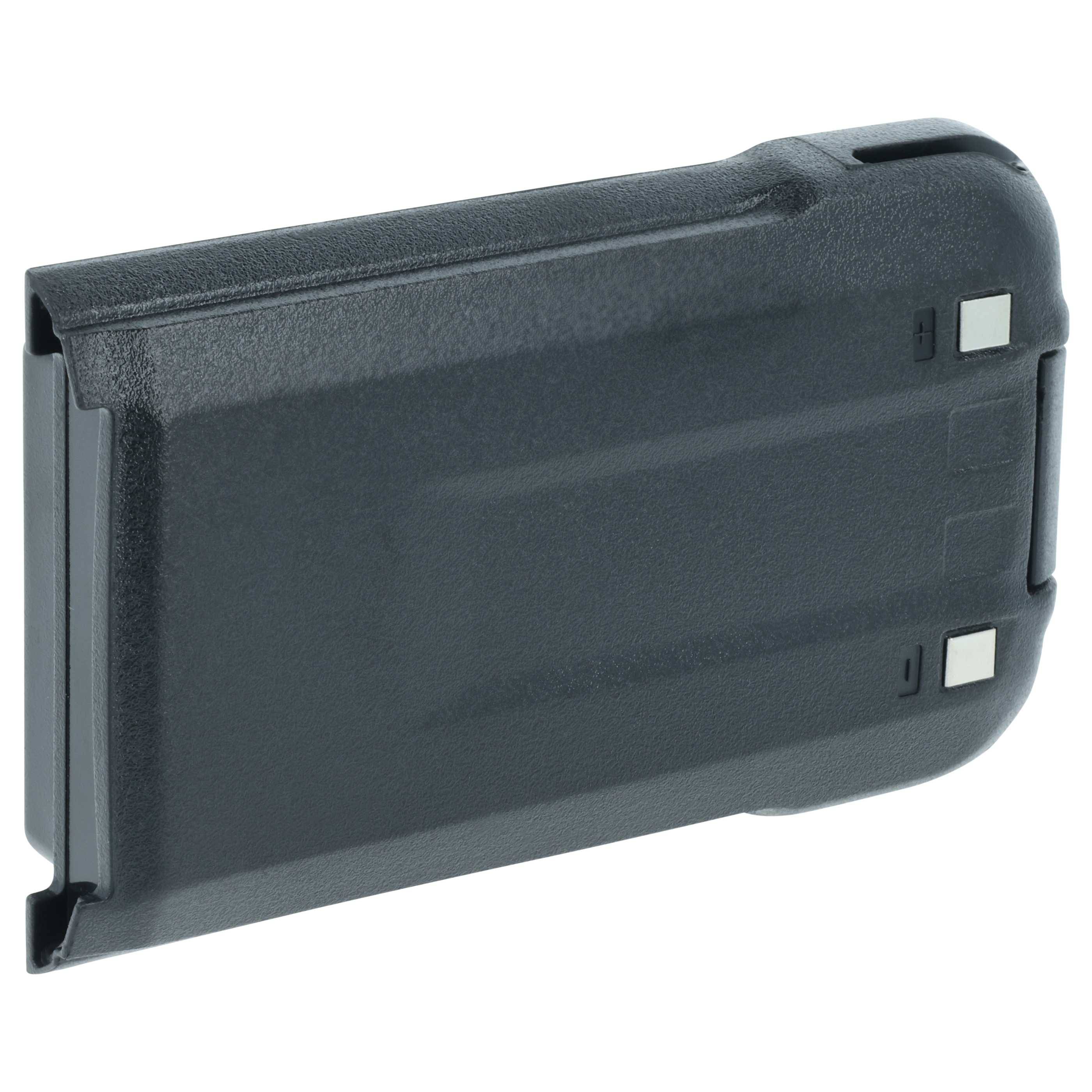 Eine schwarze, rechteckige Akkupackung mit Rillen und zwei metallischen Kontakten, die für die Kompatibilität mit bestimmten elektronischen Geräten konzipiert ist.