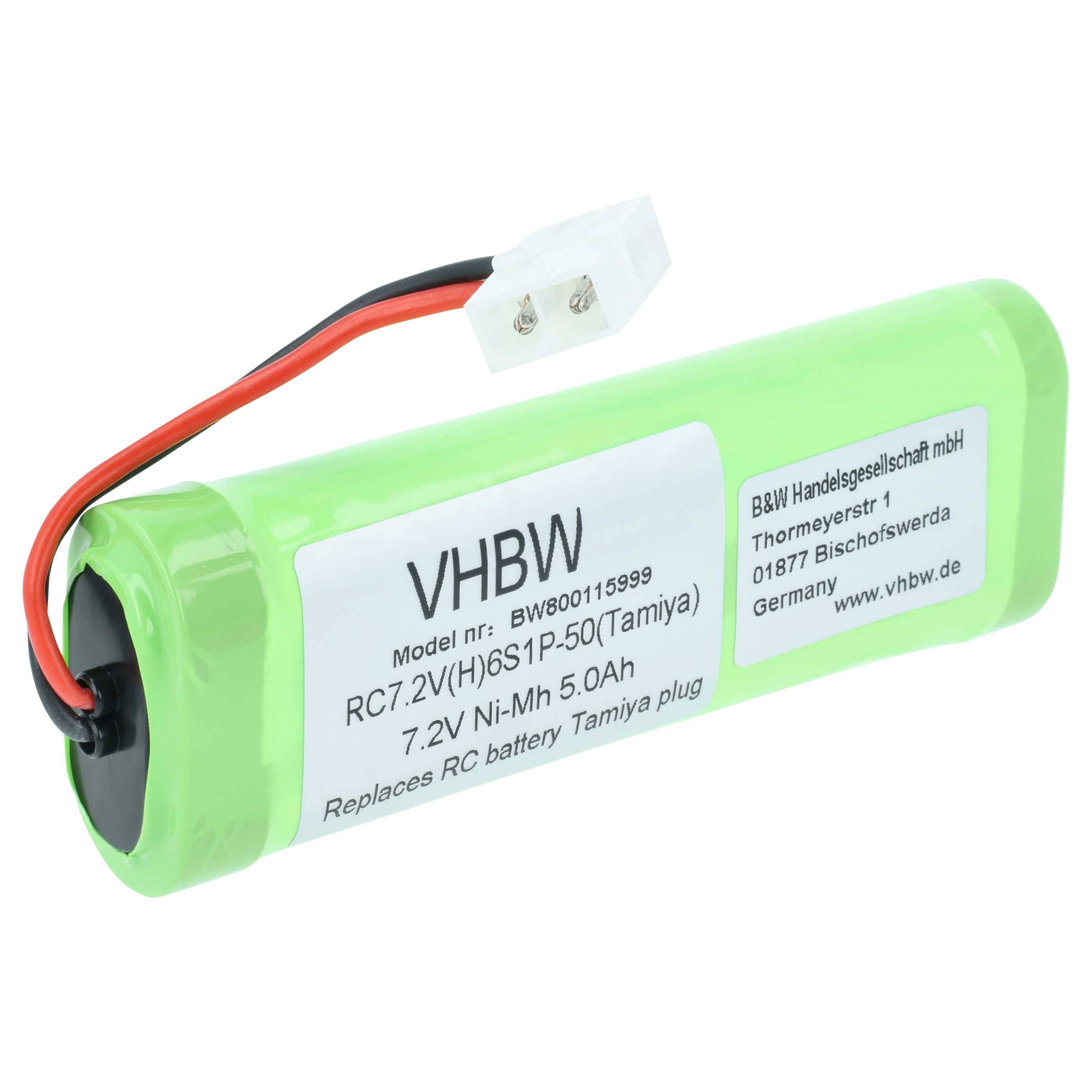 Grüner wiederaufladbarer Akku für RC-Modelle, mit der Bezeichnung 'VHBW', 7,2V Ni-MH, 5,0Ah, mit roten und schwarzen Kabeln und weißem Steckverbinder.