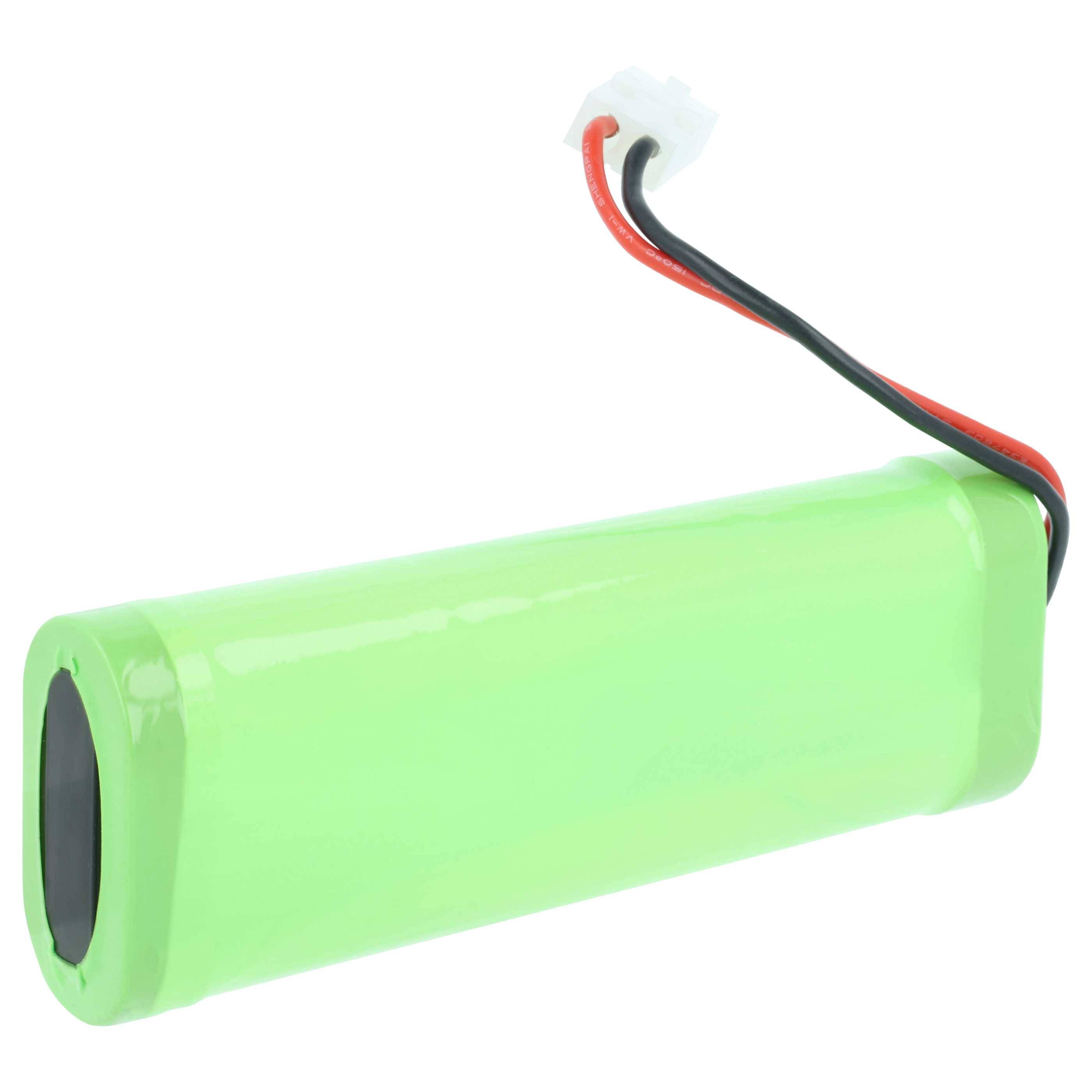 Ein zylindrischer grüner Akkupack mit roten und schwarzen Kabeln, die von einem Ende herausragen und in einem weißen Stecker enden.